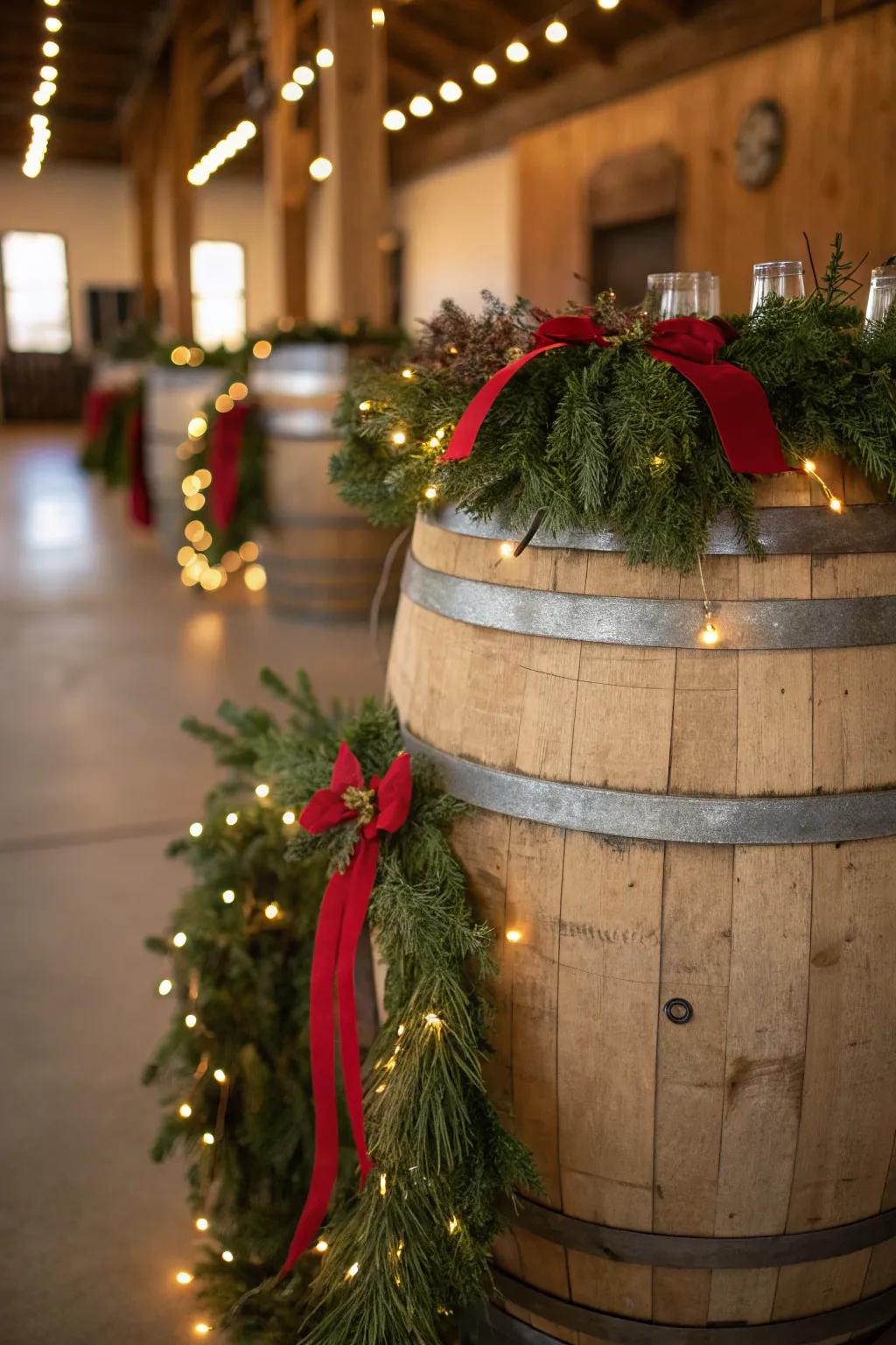 A versatile repurposed cask display featuring celebratory lights for any occasion.