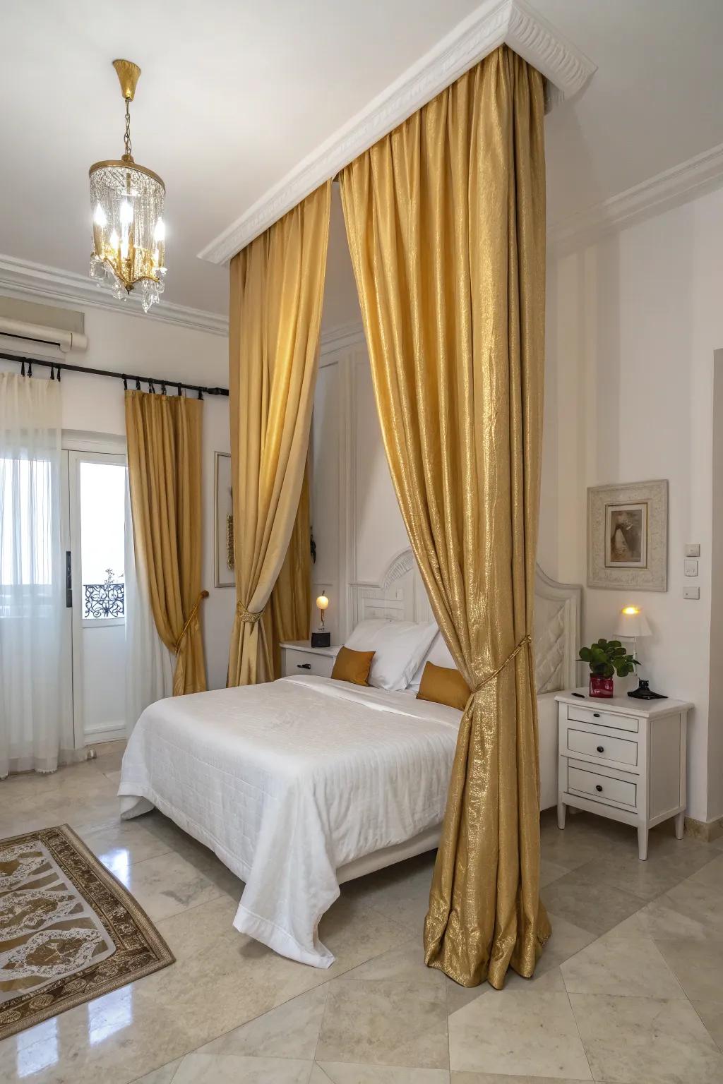 Gold drapes offer elegance and privacy.