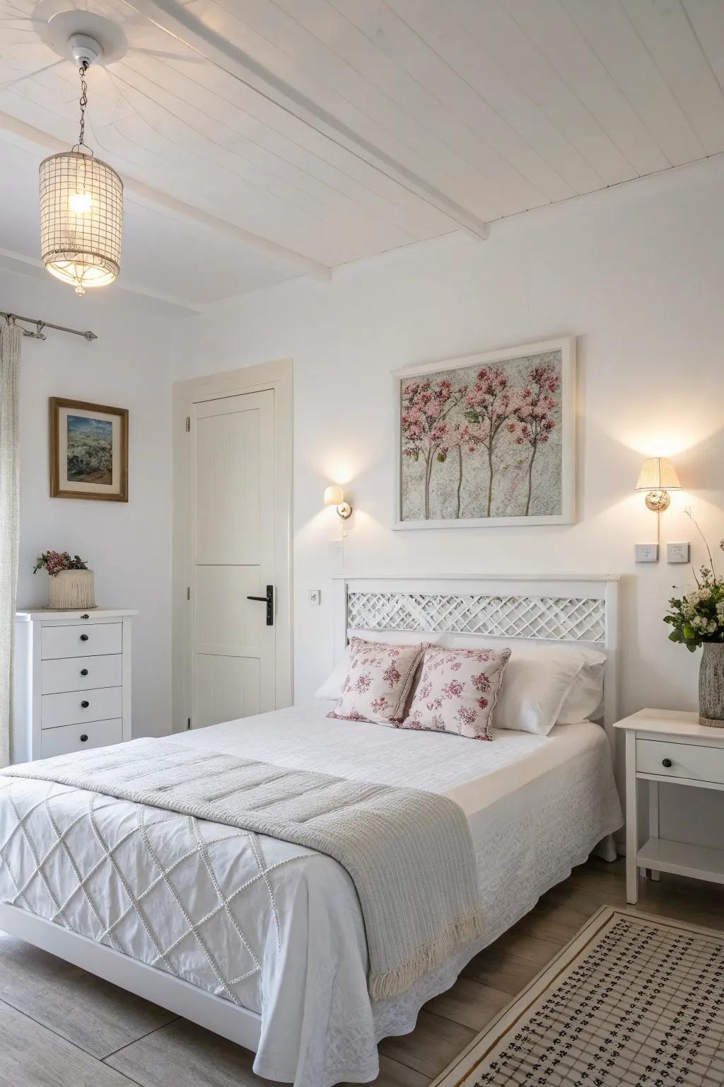 Inventive touches impart character to a serene white bedroom.