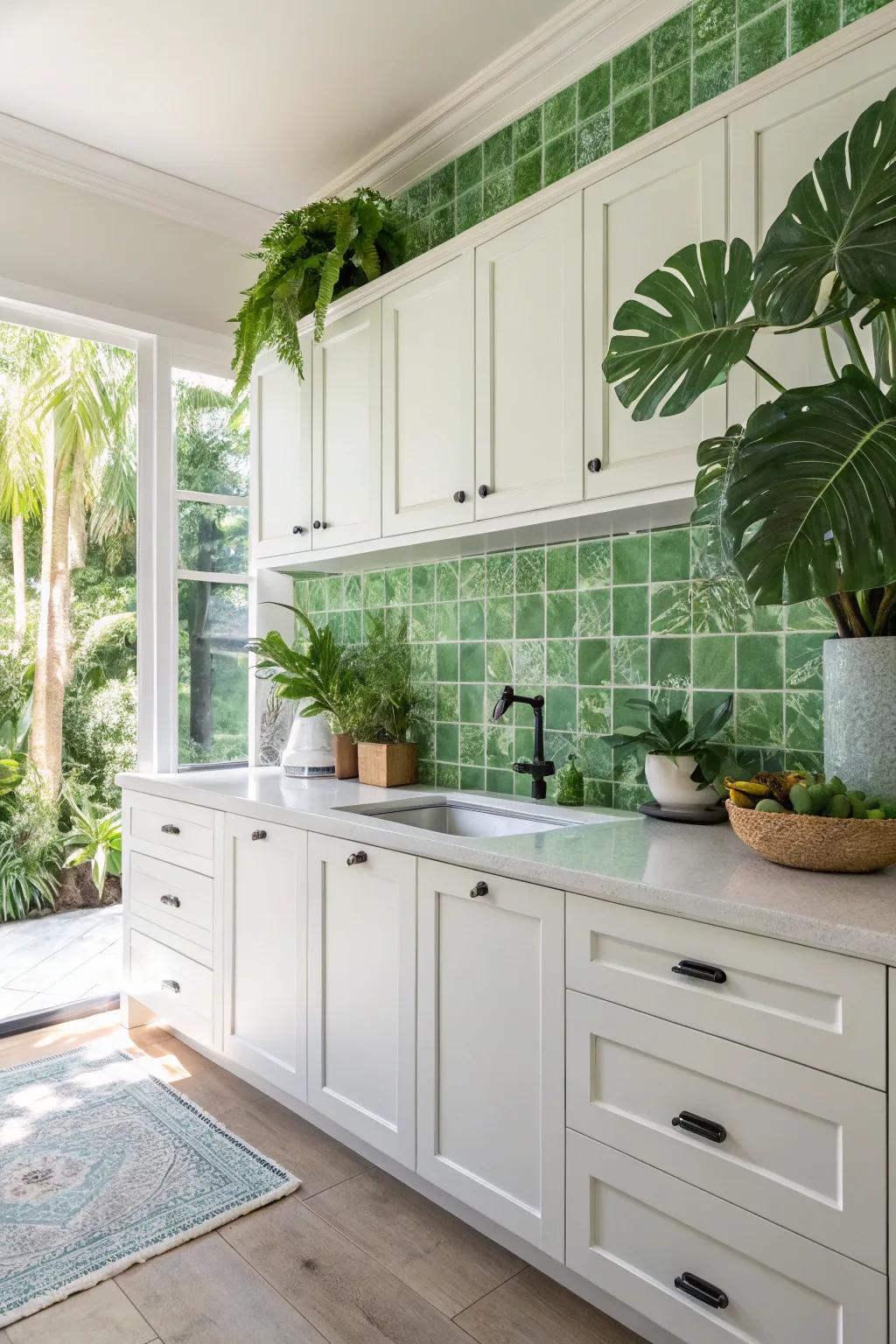 Verdant tiles infusing an all-natural freshness into a white cabinet cooking area.
