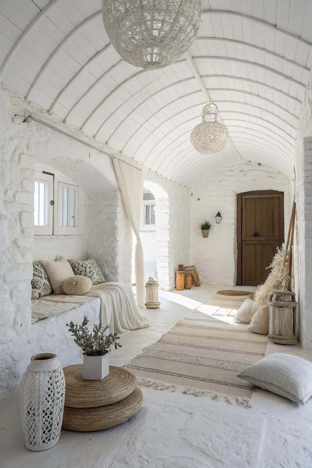 A monochromatic room with a white ceiling and walls, offering a serene and unified space.