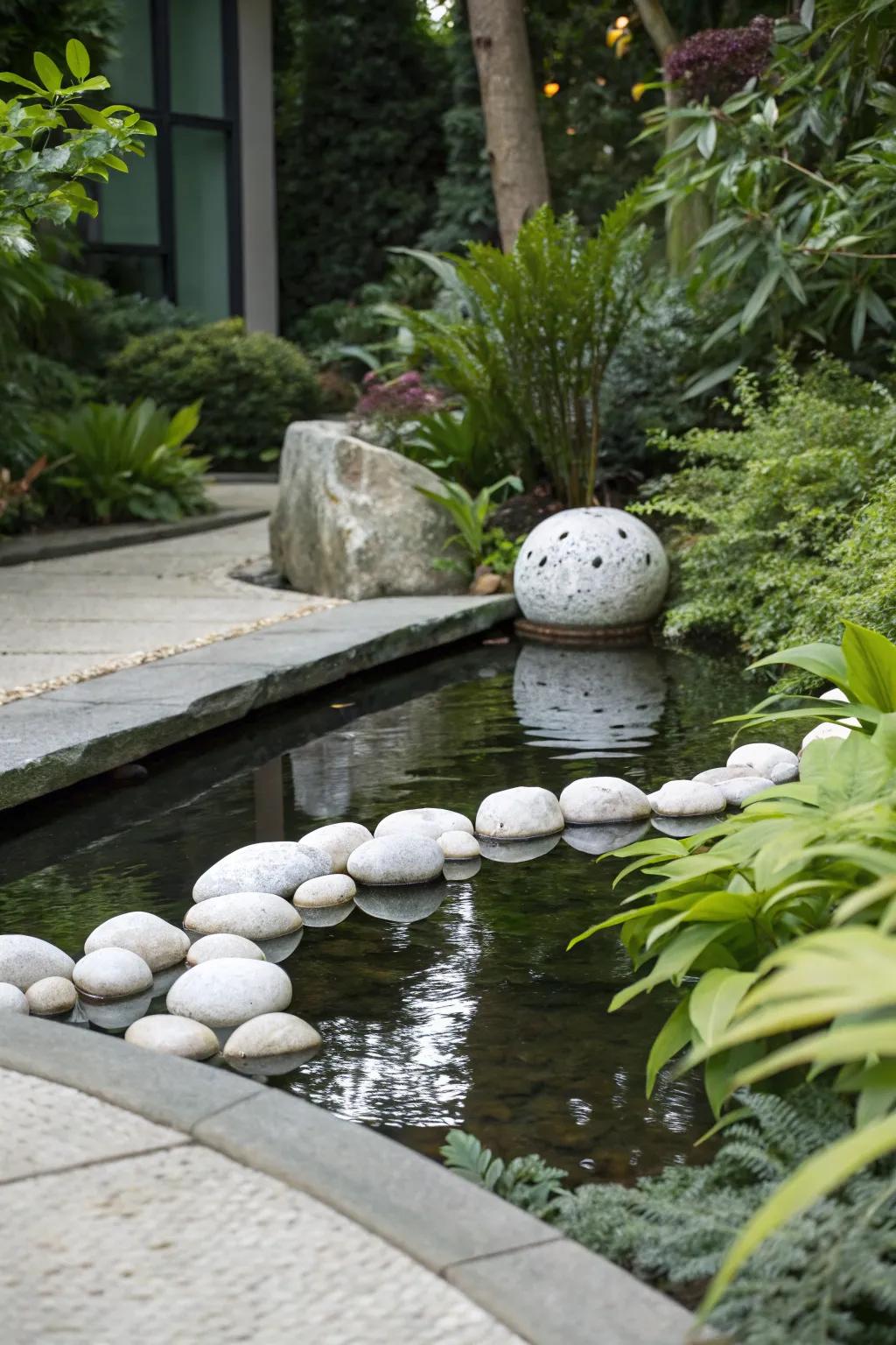 A water feature accented with white stones introduces calm to the garden.