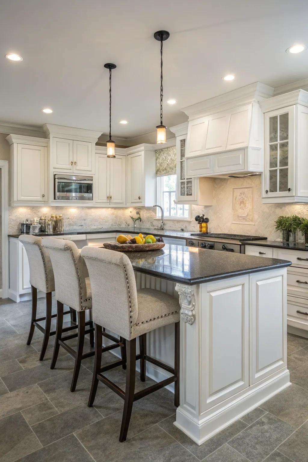 A functional layout including a kitchen island enhances the usability of the kitchen.