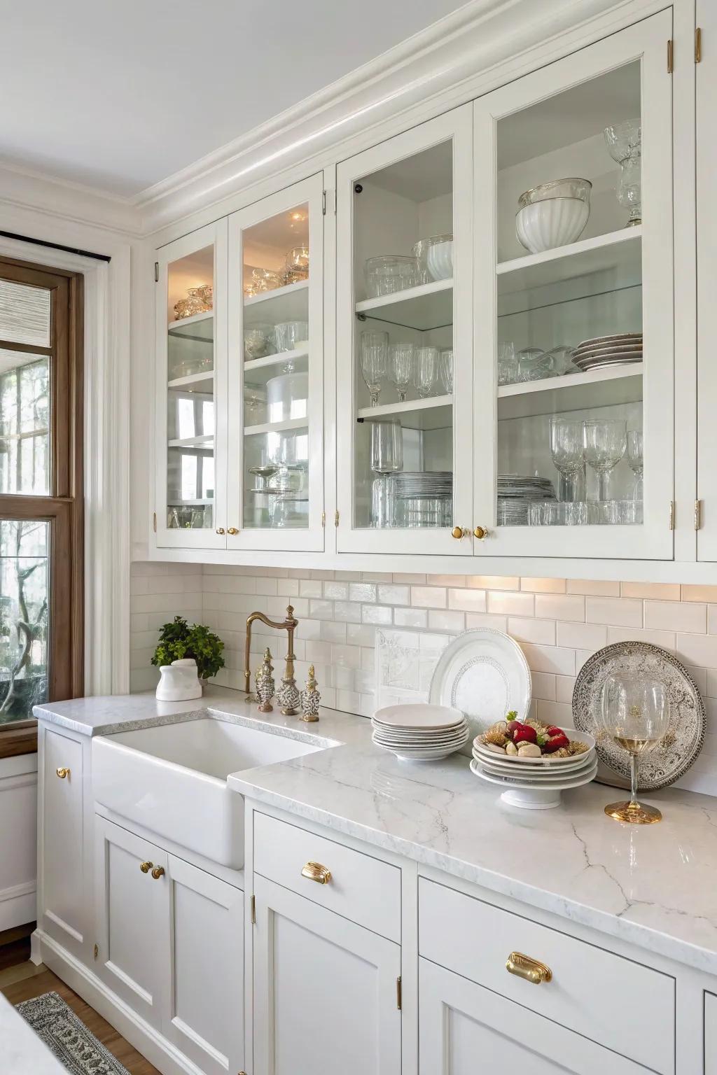 Clear front cabinetry elegantly exhibits tableware, adding dimension to the kitchen.