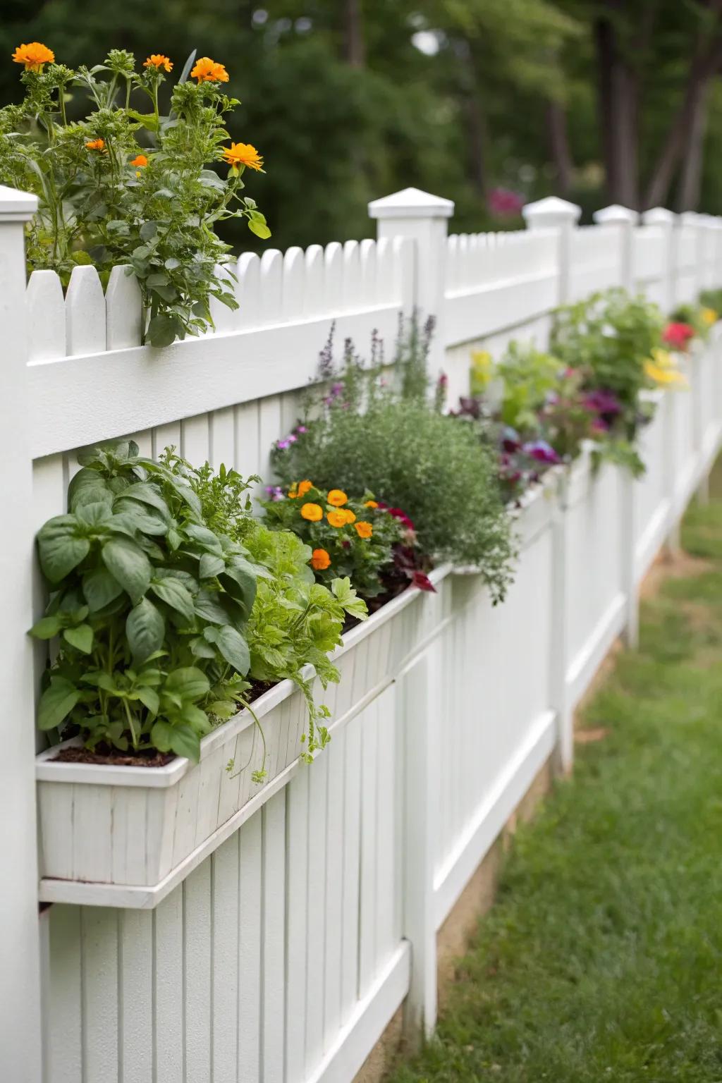 Plant boxes on a white fence introduce both practical and visual appeal to the garden.