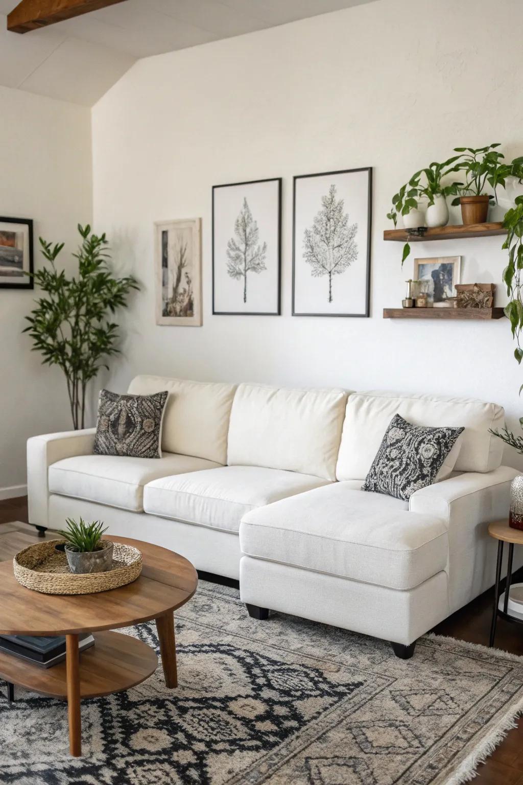 Simple wall art enhances the understated elegance of a white sectional.