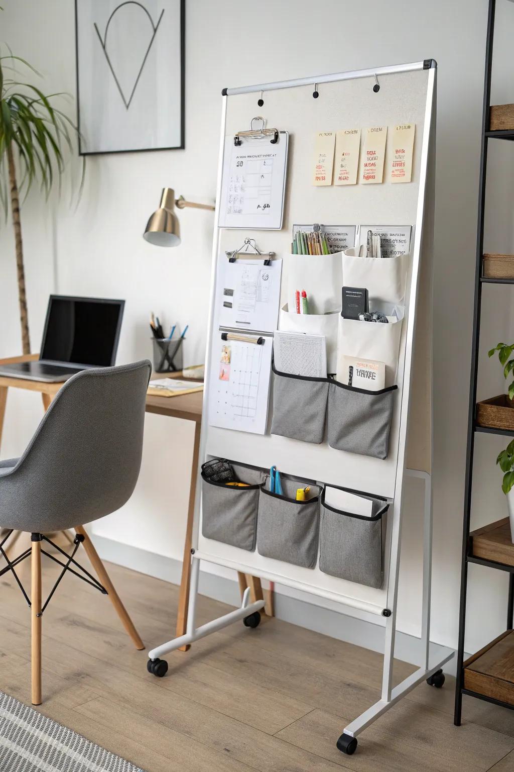 Pockets affixed to a whiteboard offer both chic appeal and functional storage.