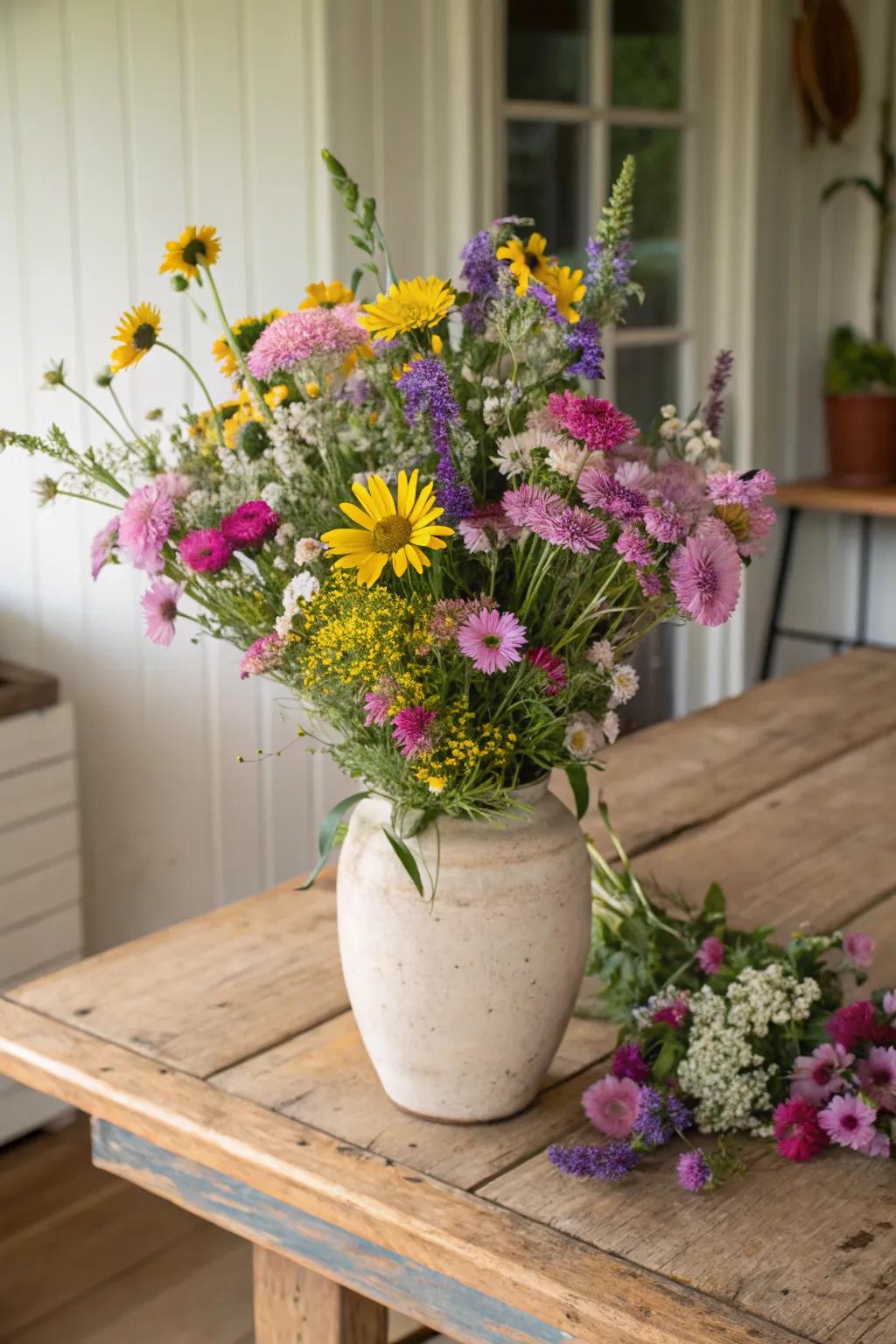 A meadow-inspired vase composition transports the charm of the outdoors inside.