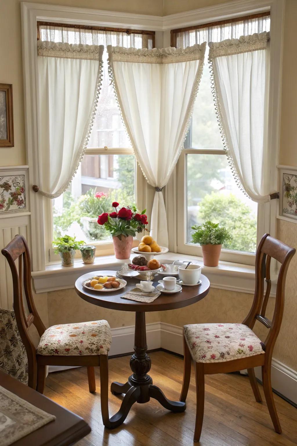 Cafe curtains bring a cozy, vintage appeal to this breakfast nook.