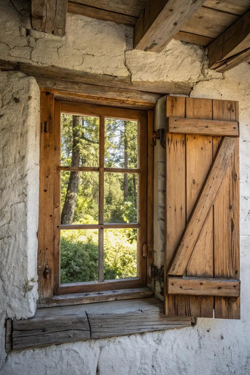 Country-style wood features append warmth and character to window spaces.