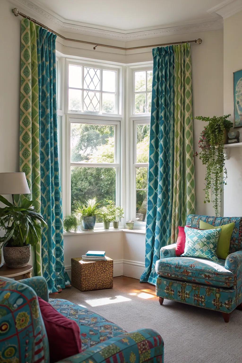 Patterned coverings inject character into bay windows.