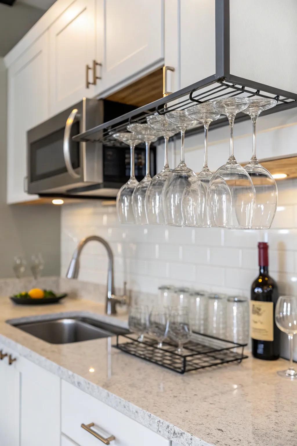 An under-cabinet rack in a sleek kitchen.