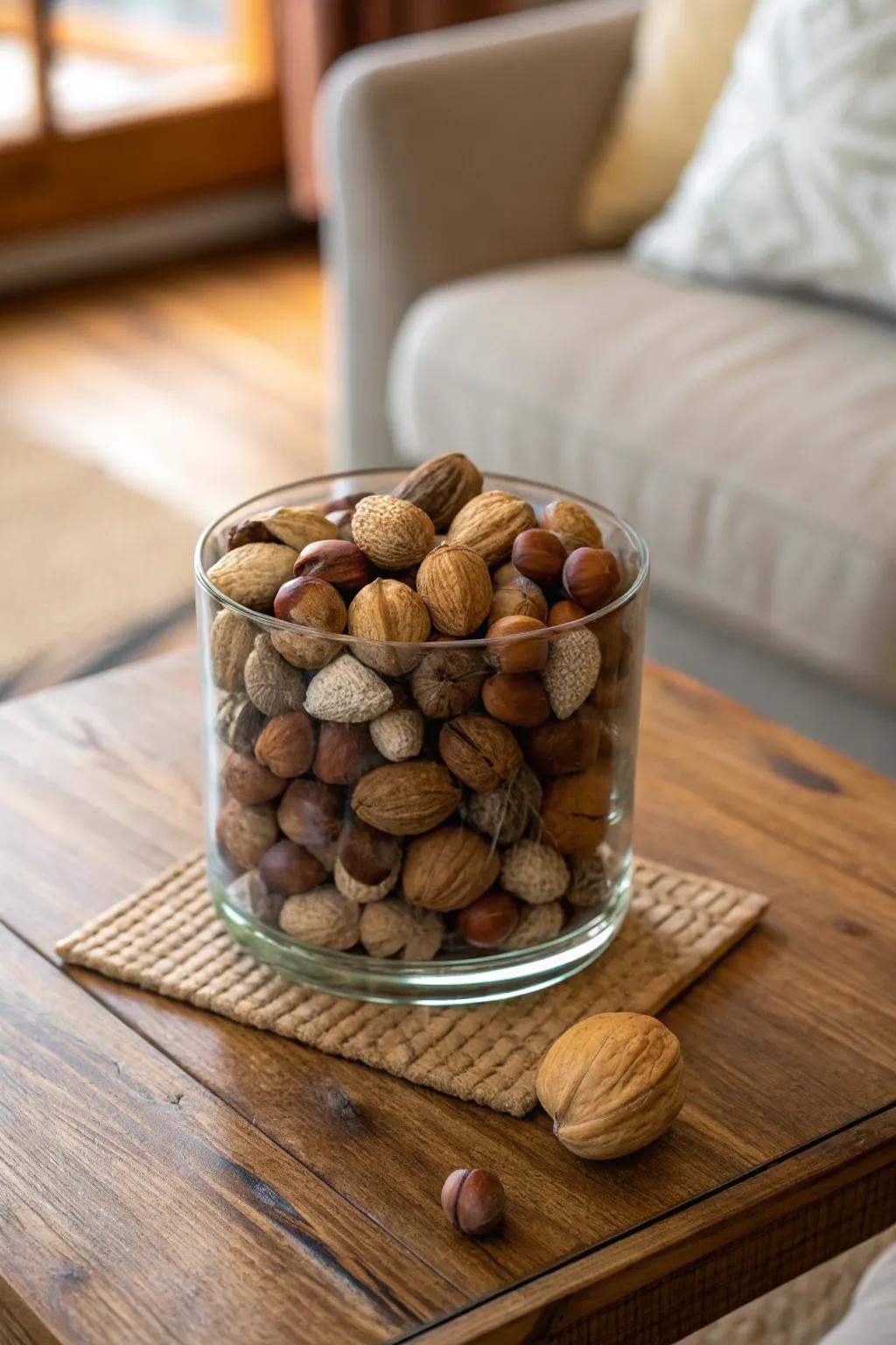 A vase packed with nuts contributes warmth and texture to your decor.
