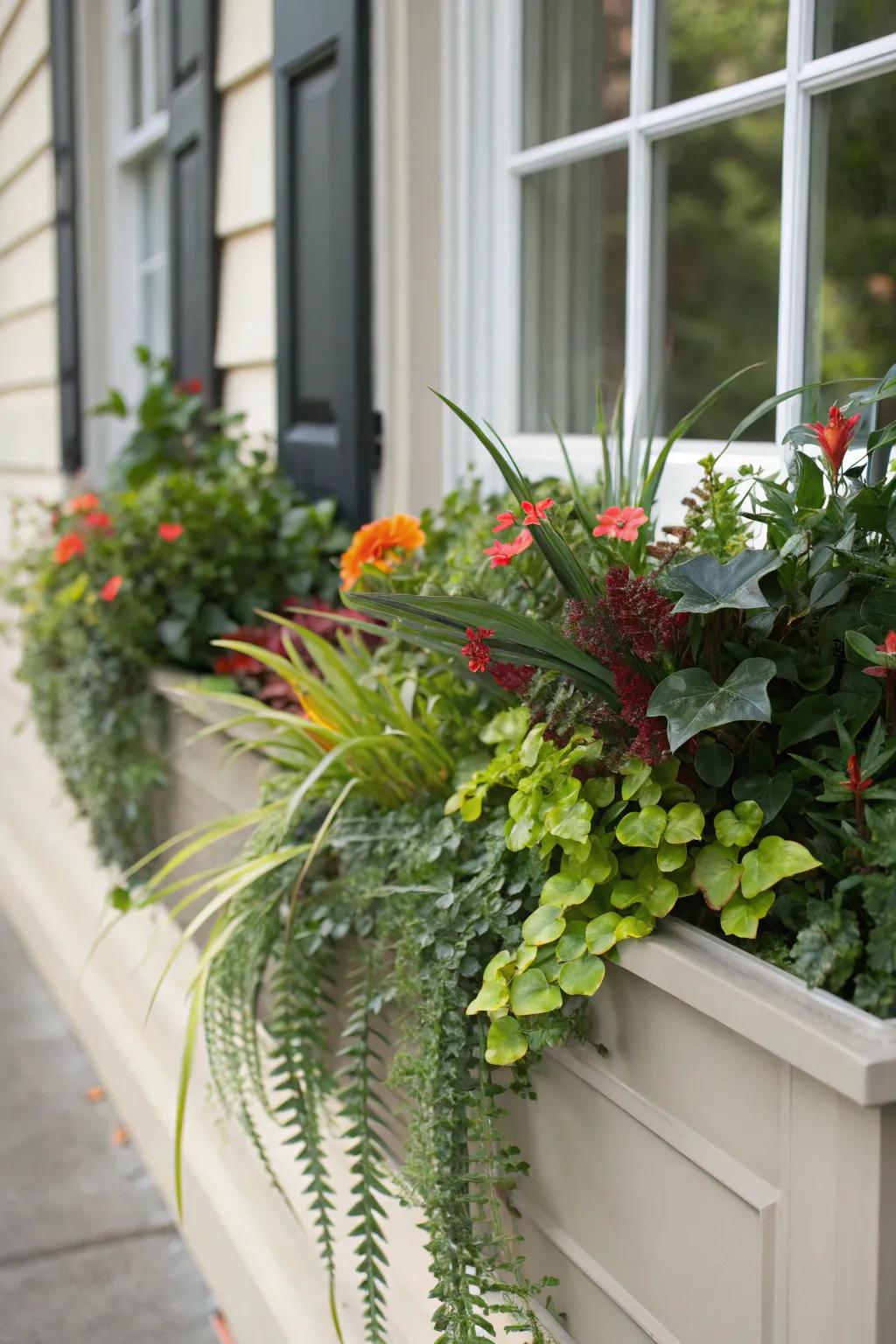 A combination of artificial and real foliage ensures this window box remains vibrant throughout winter.