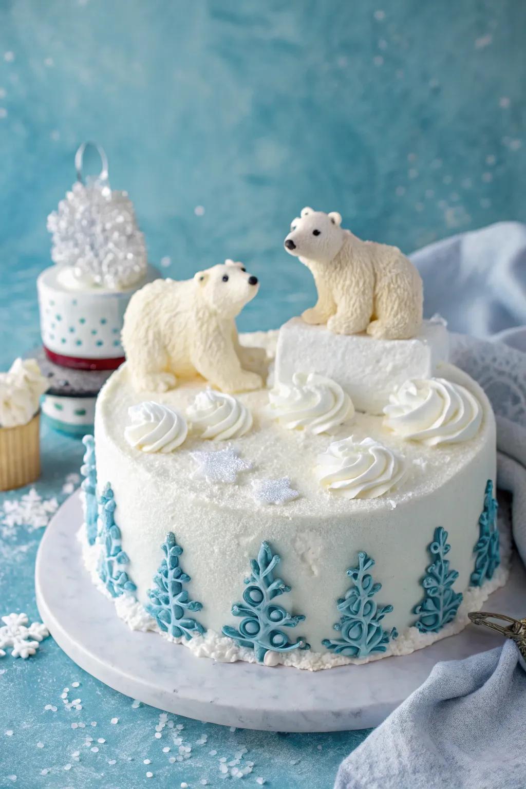 Charming arctic bears parade across this winter-themed cake.