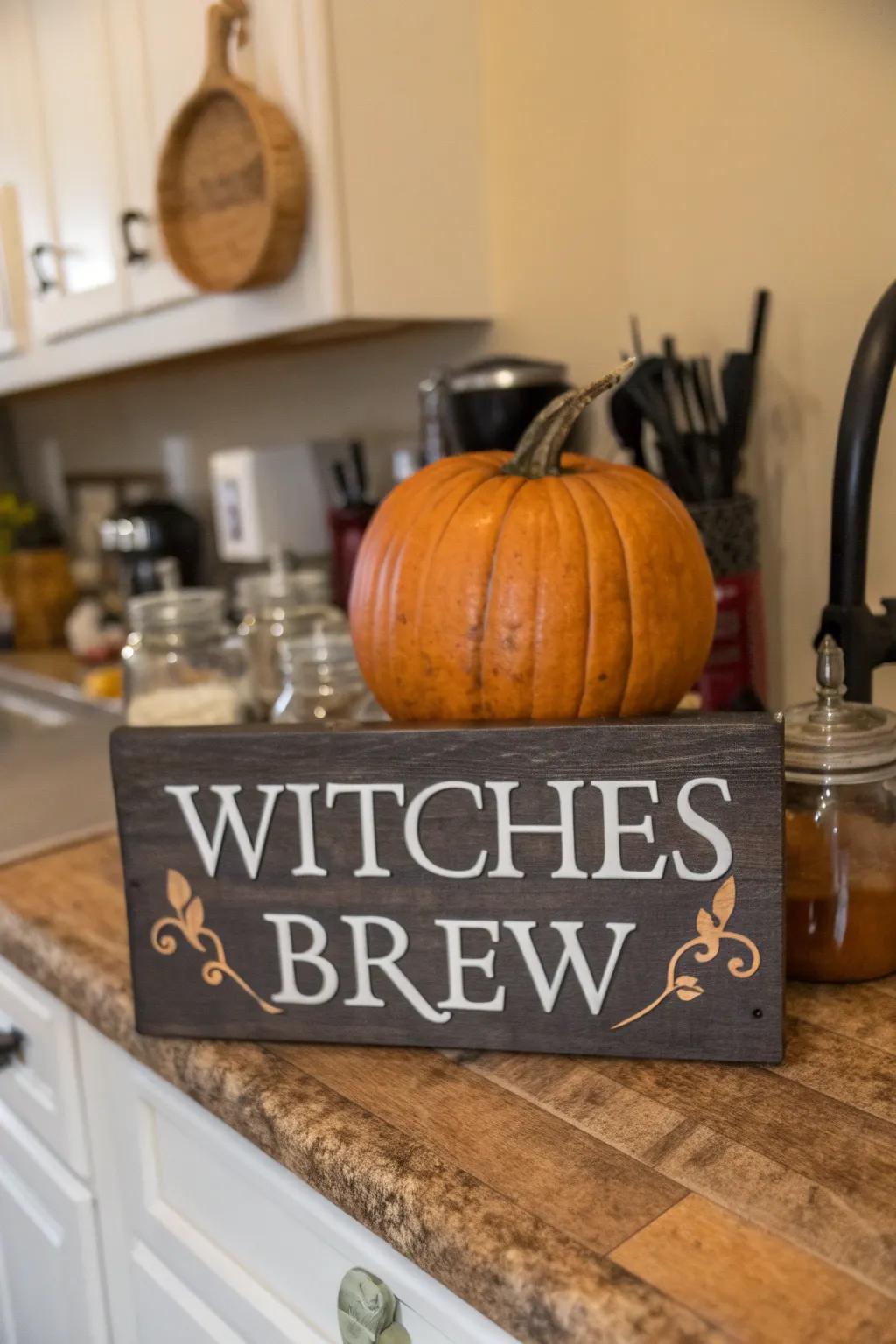 Pumpkin displaying a charming Enchantress's Mixture sign.