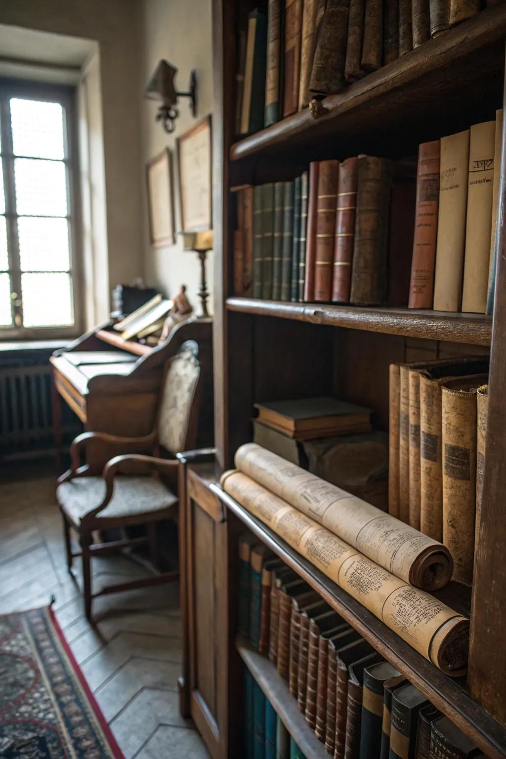 Old tomes and manuscripts for a scholarly witch vibe.