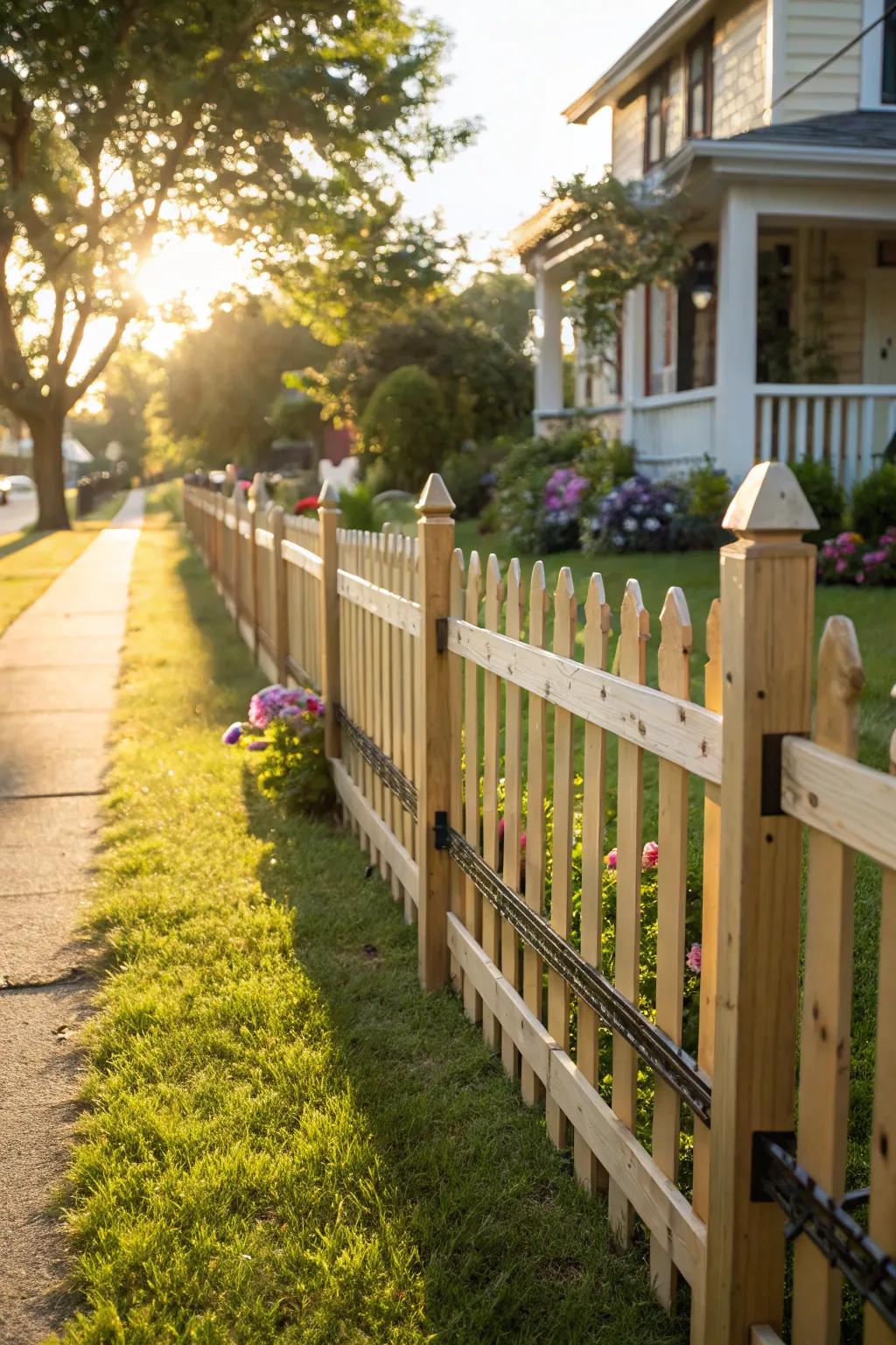 An attractive, welcoming picket fence design with timber and metal features.