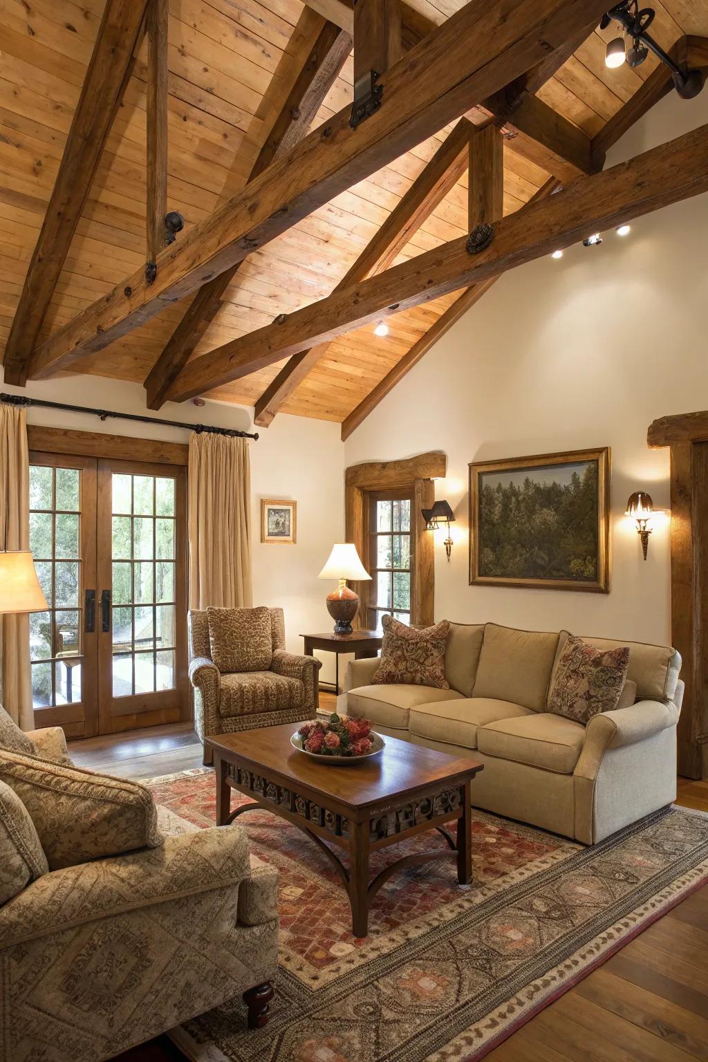 Appealing family space featuring well-considered seating near wood beams.