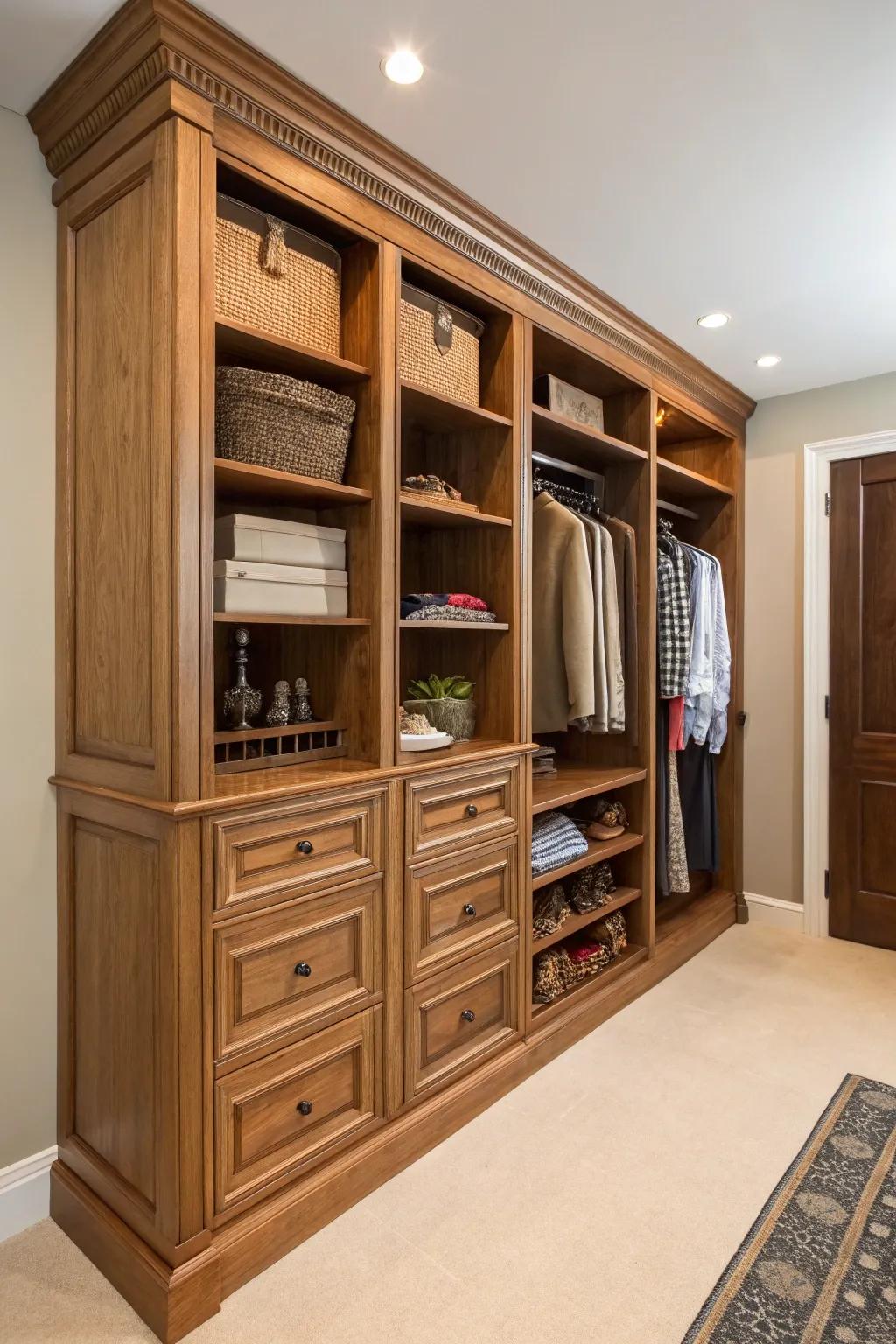 Custom-designed closets present a personalized flair.
