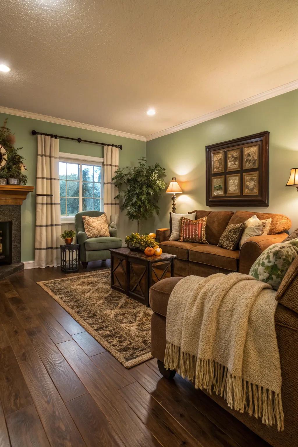 Cozy living room with textured hand-scraped wood flooring.