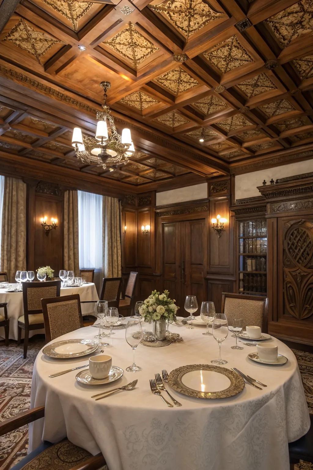 A dining area with a stunning wood ceiling design that enhances height and beauty.