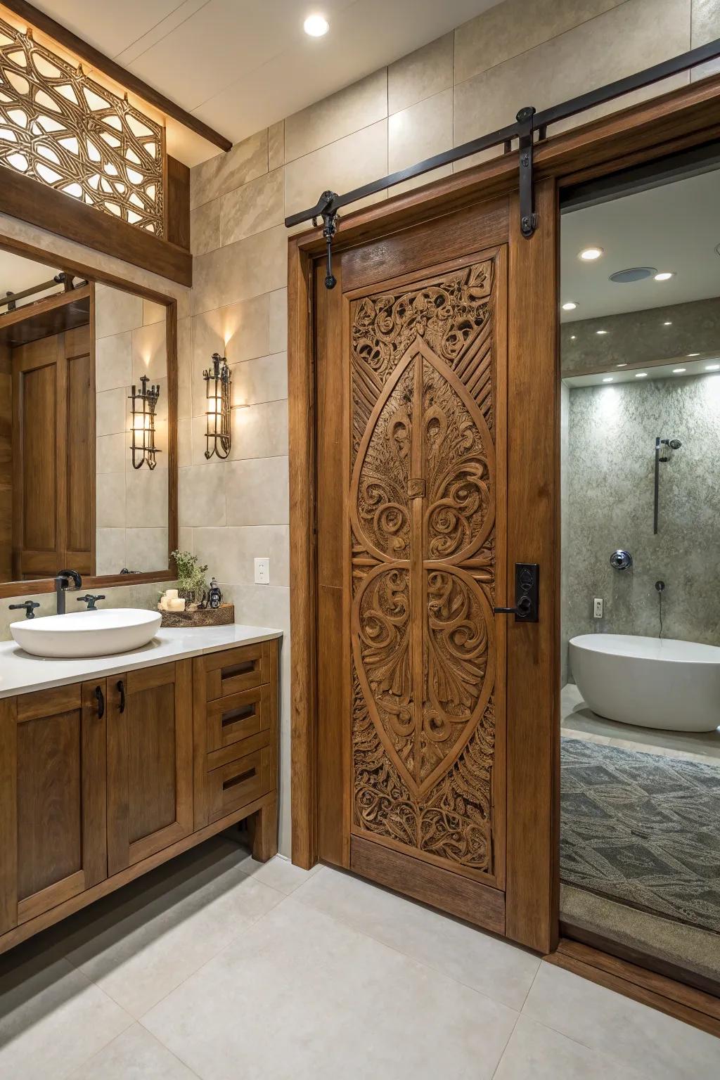 Sculptural wood designs transform shower doors into art pieces.