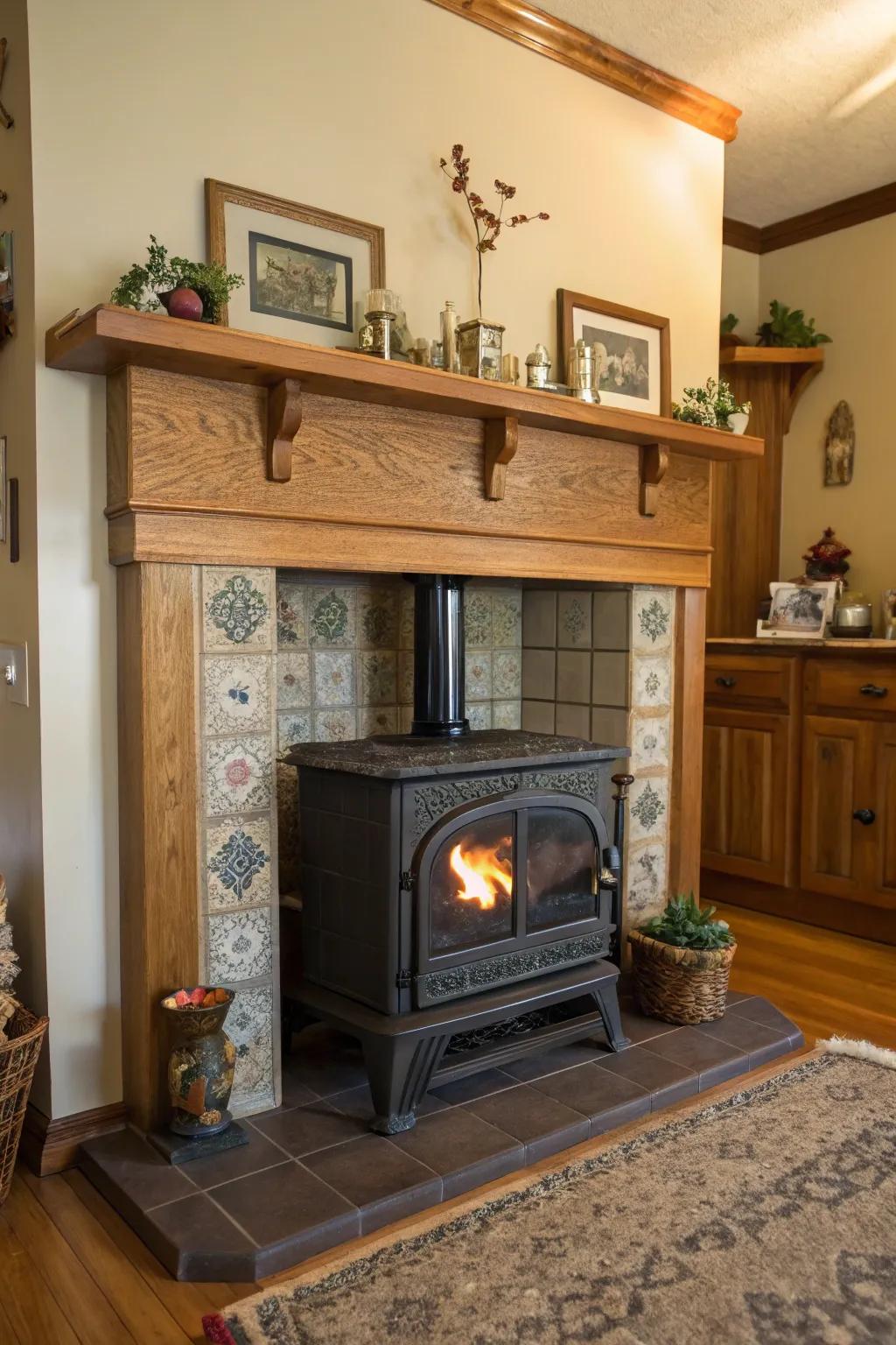 A shelf adds ornamental charm to your wood stove tile surround.
