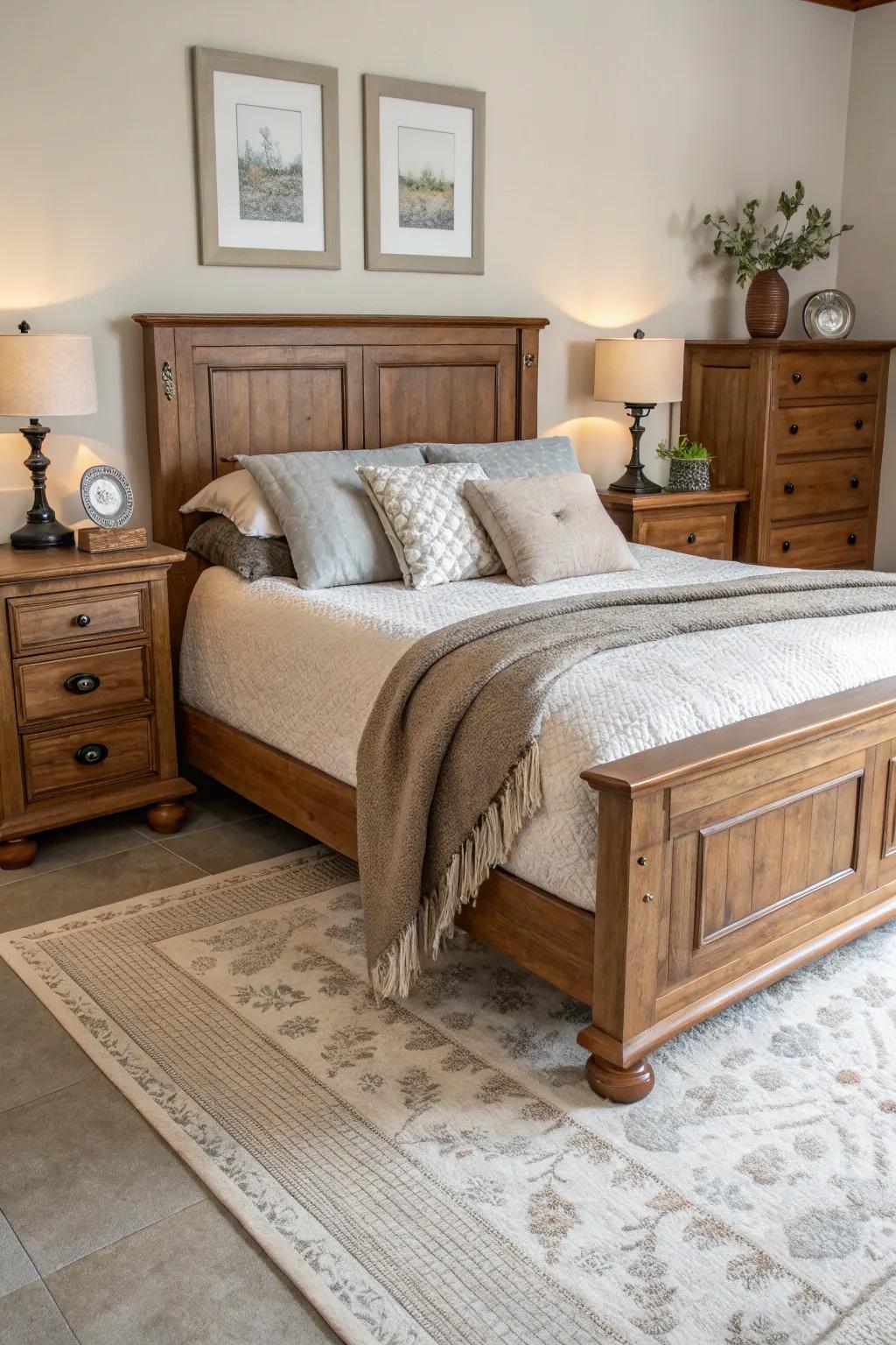 Complementary decor enhances this wood bed arrangement.