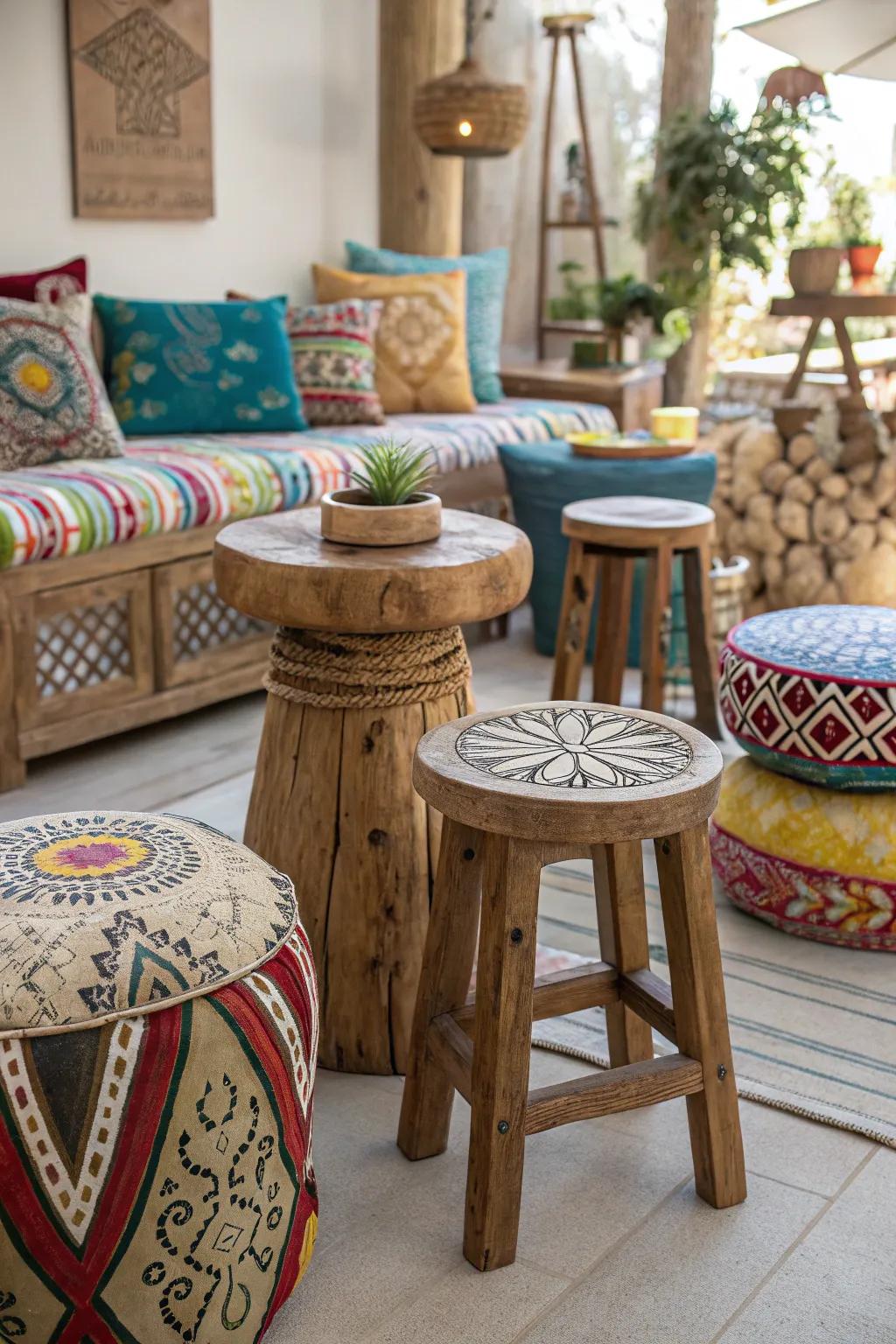 Varied hardwood stools add personality and appeal to your area.