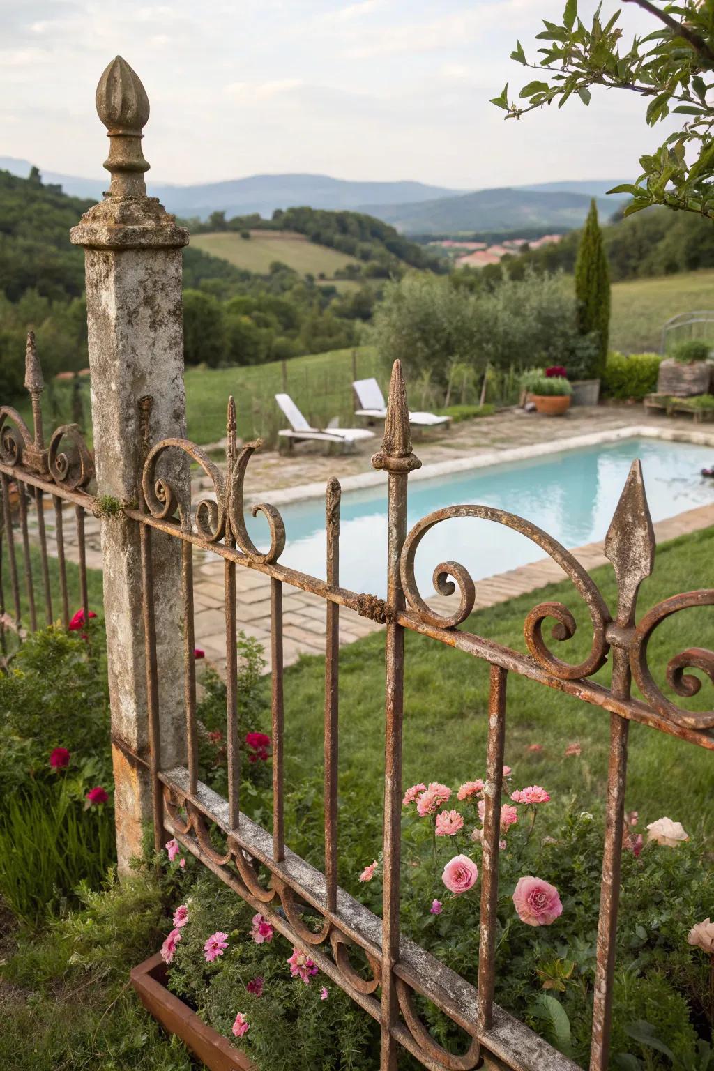 A rustic wrought iron fence introduces a cozy element to this countryside pool.