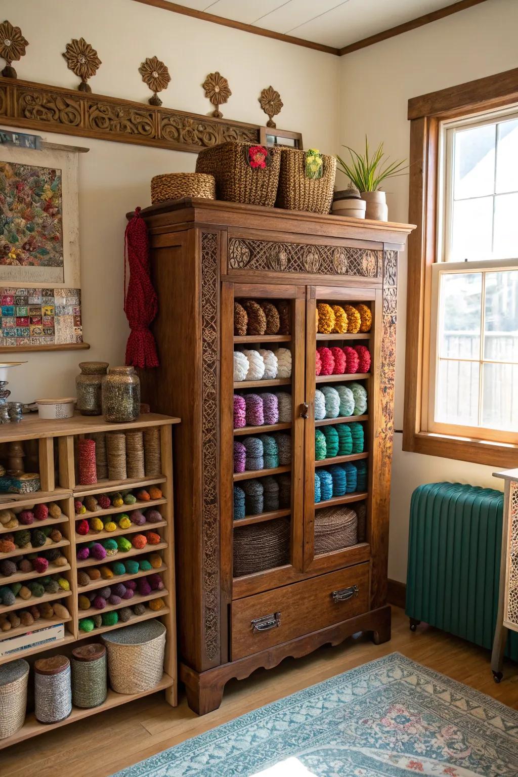 A classic unit introduces charm and ample storage for yarn.