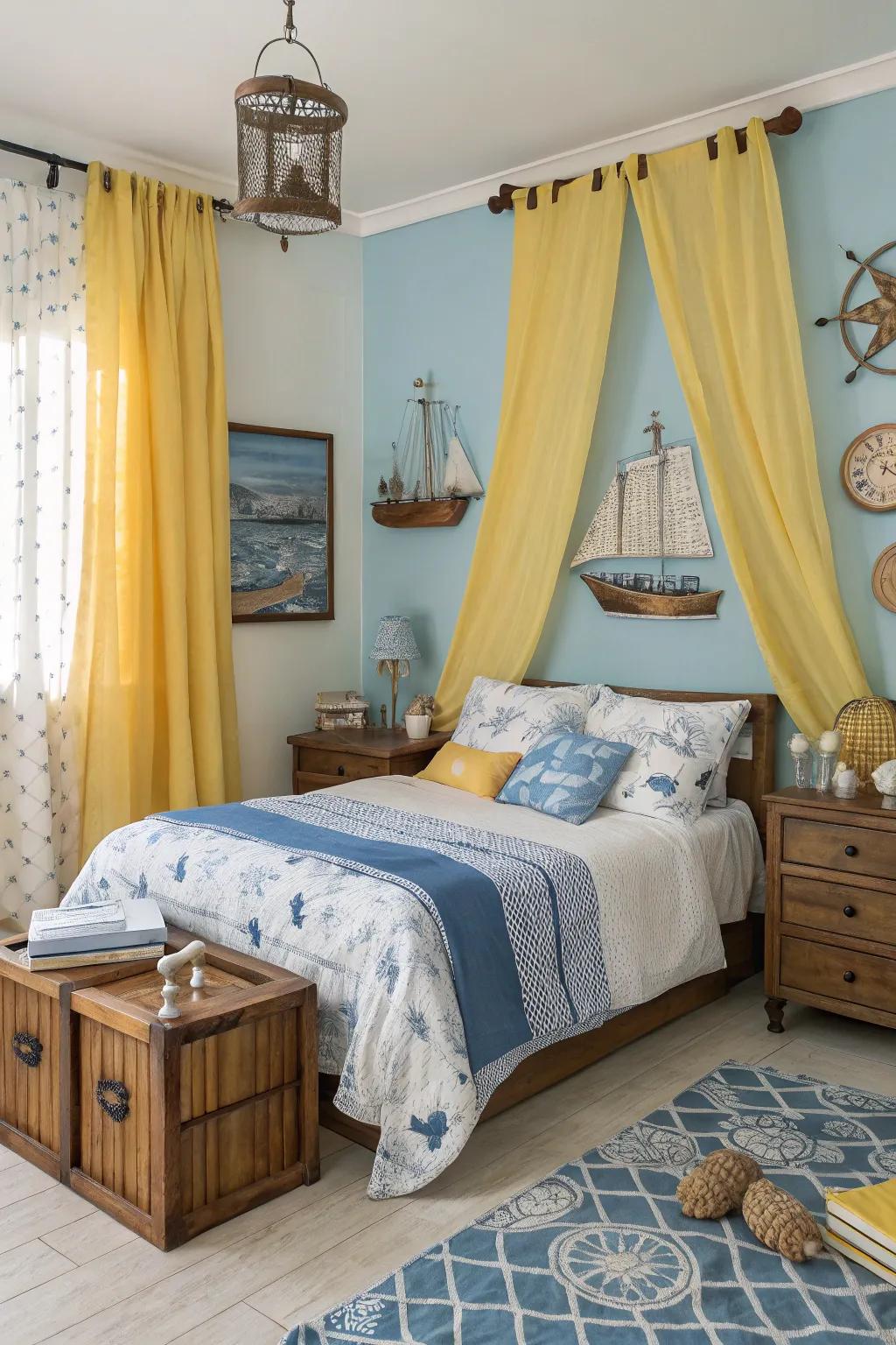 Window coverings in yellow combined with nautical décor create a coastal vibe in the bedroom.