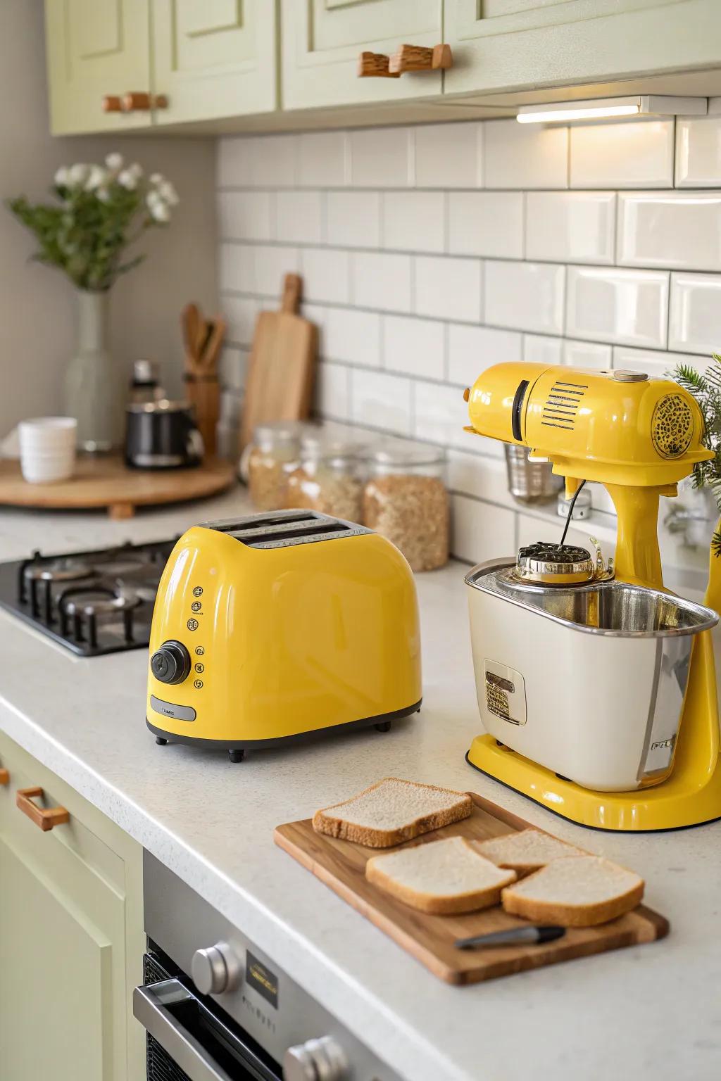 Yellow appliances introduce a playful, useful burst of color.