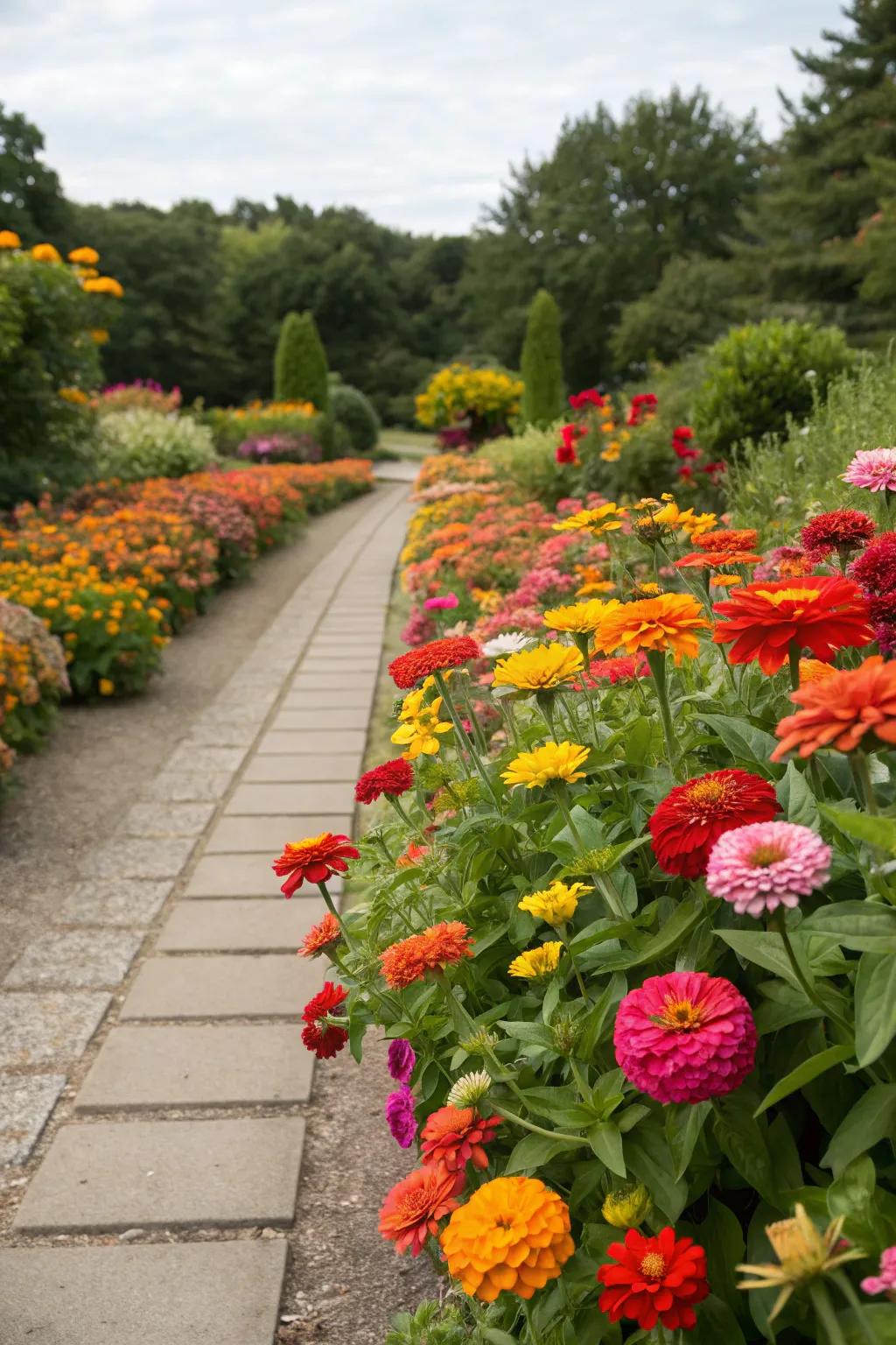 A welcoming garden route framed by vibrant zinnia perimeters.