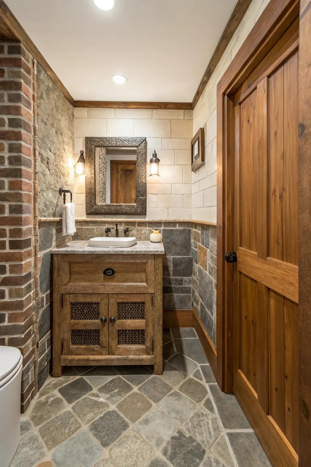The tactile qualities of wood and stone enrich this powder room.