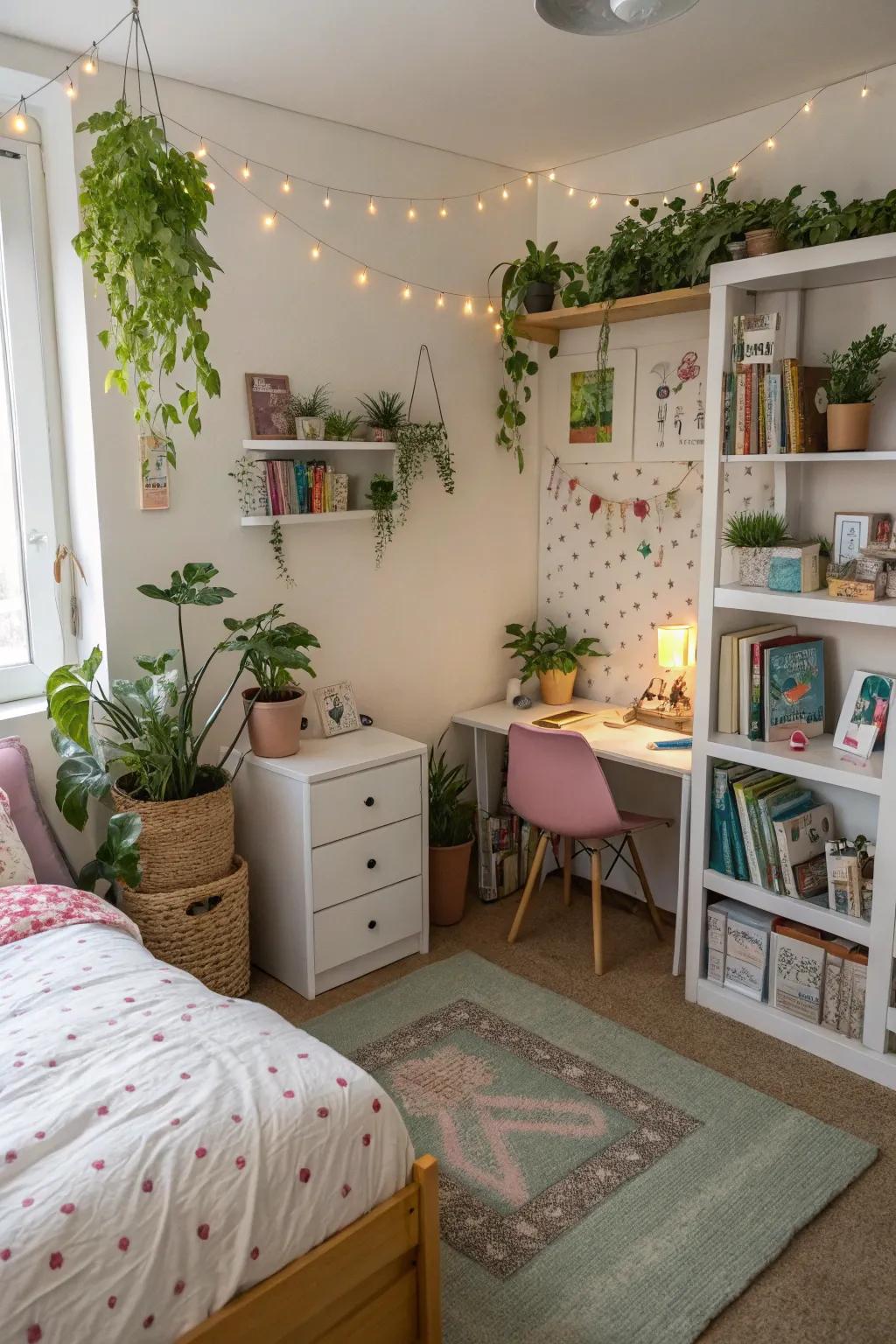 Small plants bring nature and freshness into the bedroom.