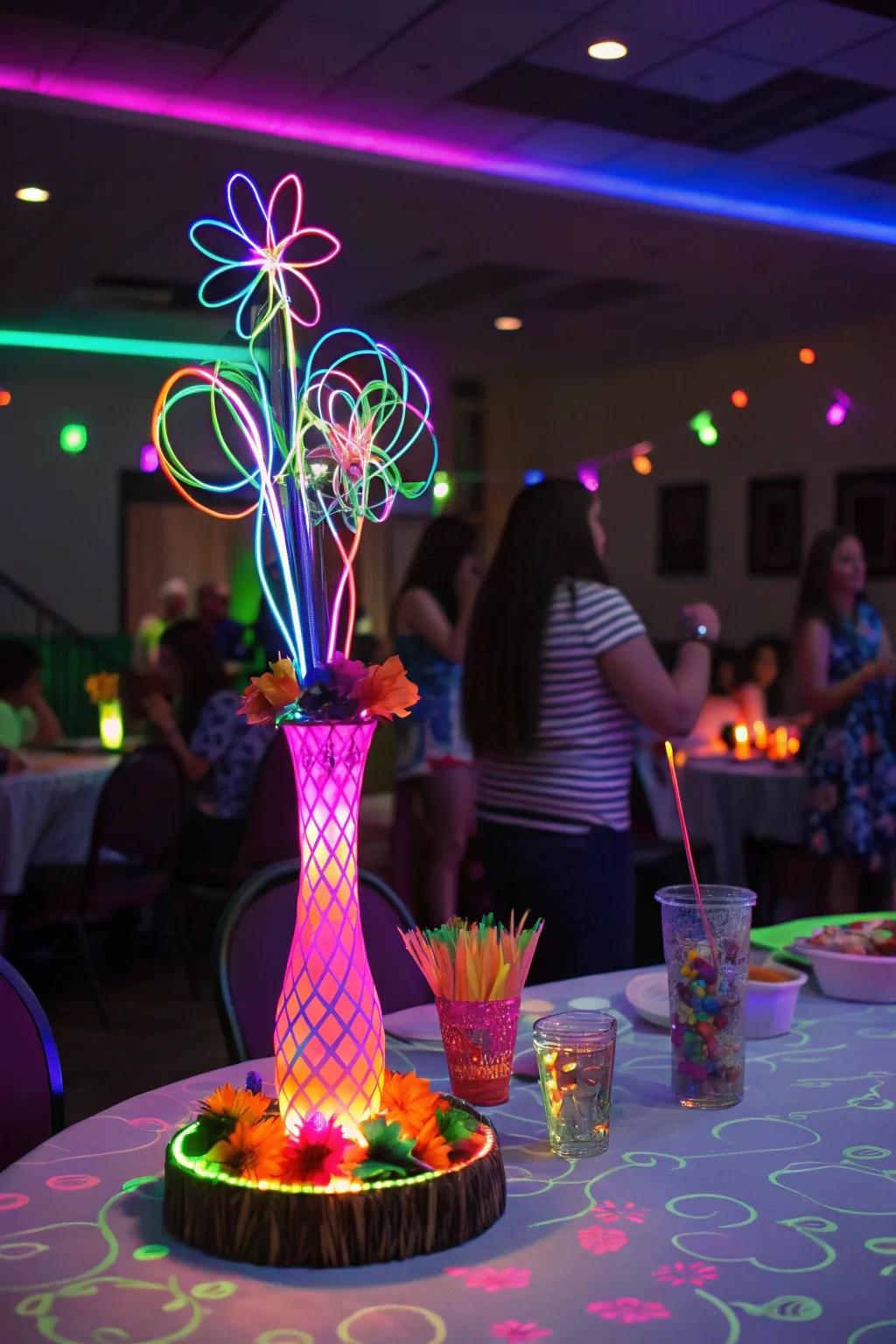 Neon-lit arrangements electrifying the celebration mood.