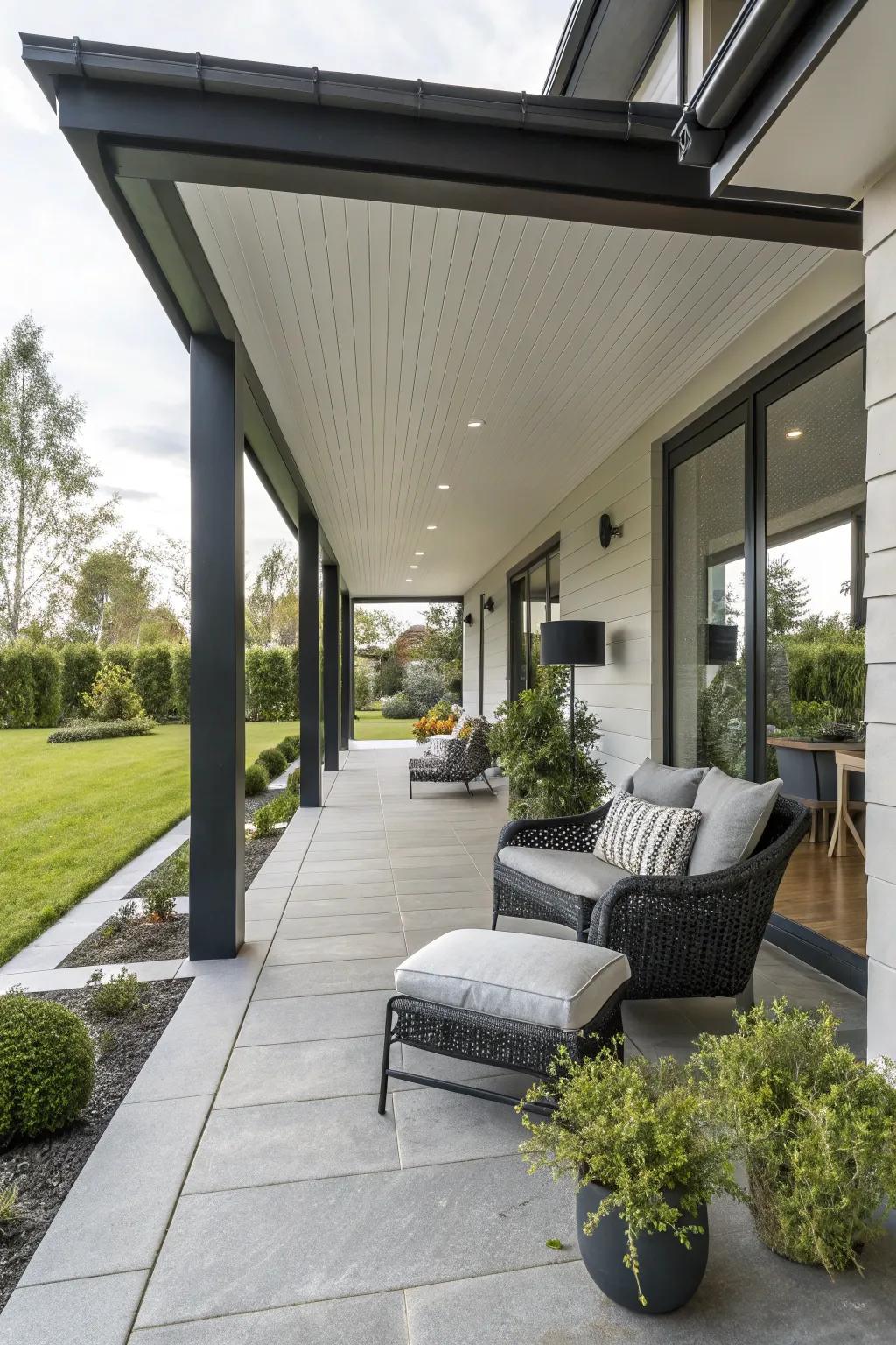 A covered space adds practicality and style to a modern porch.