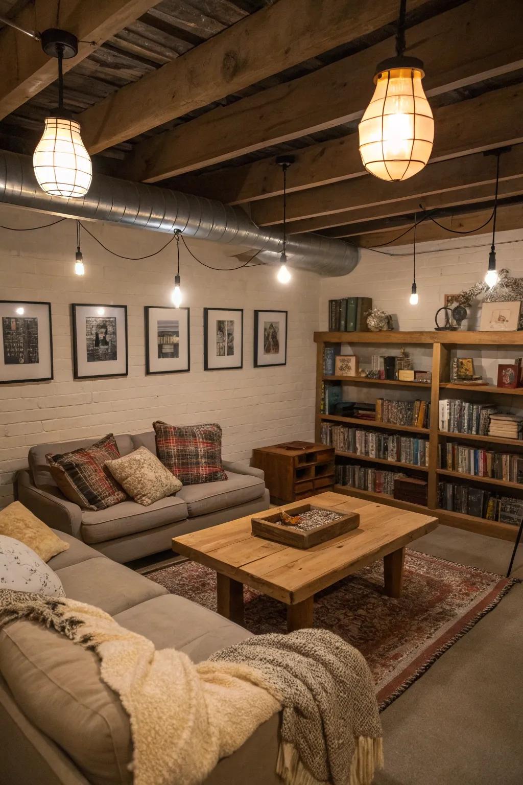 Vintage lighting features cast an inviting glow.