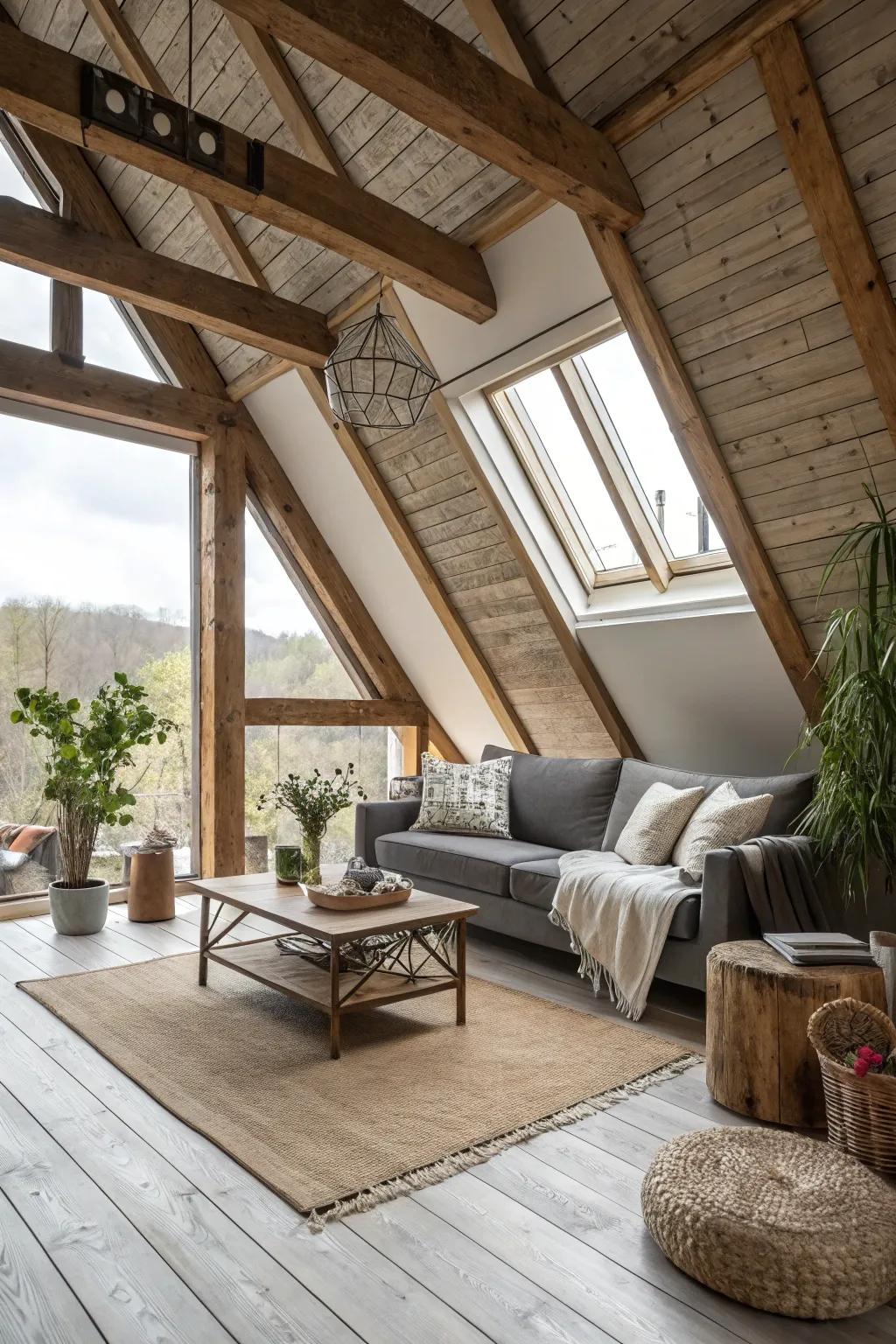 Amalgamate contemporary and countryside elements for a harmonious attic design.