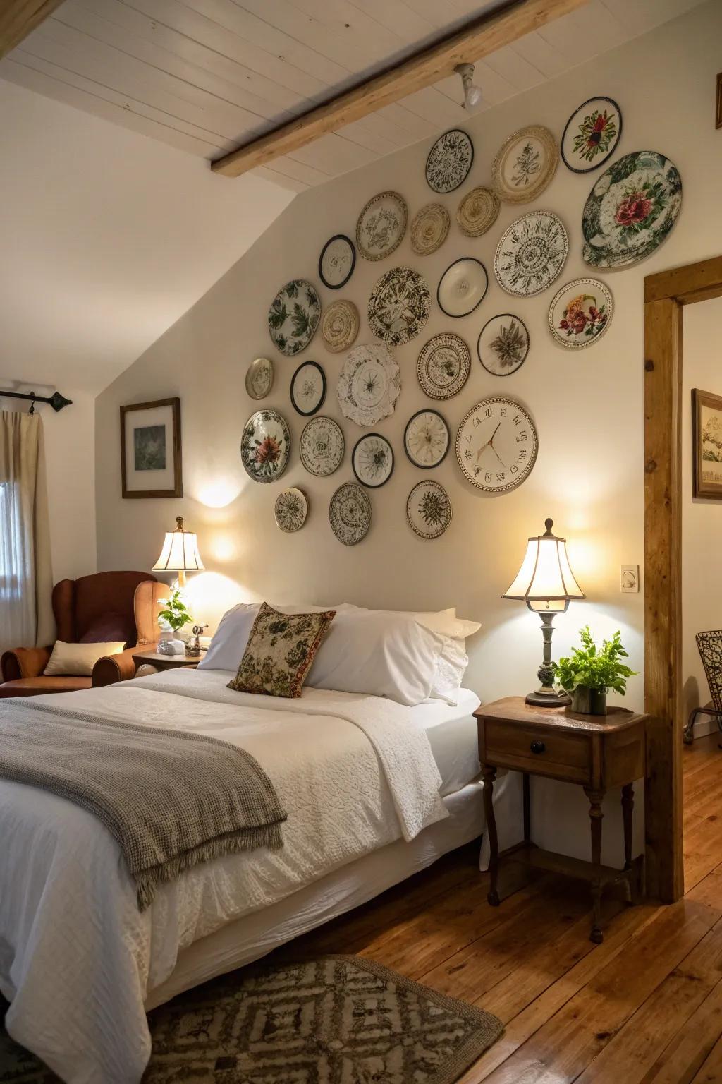 Vintage plates offer a charming and unique above-bed display.