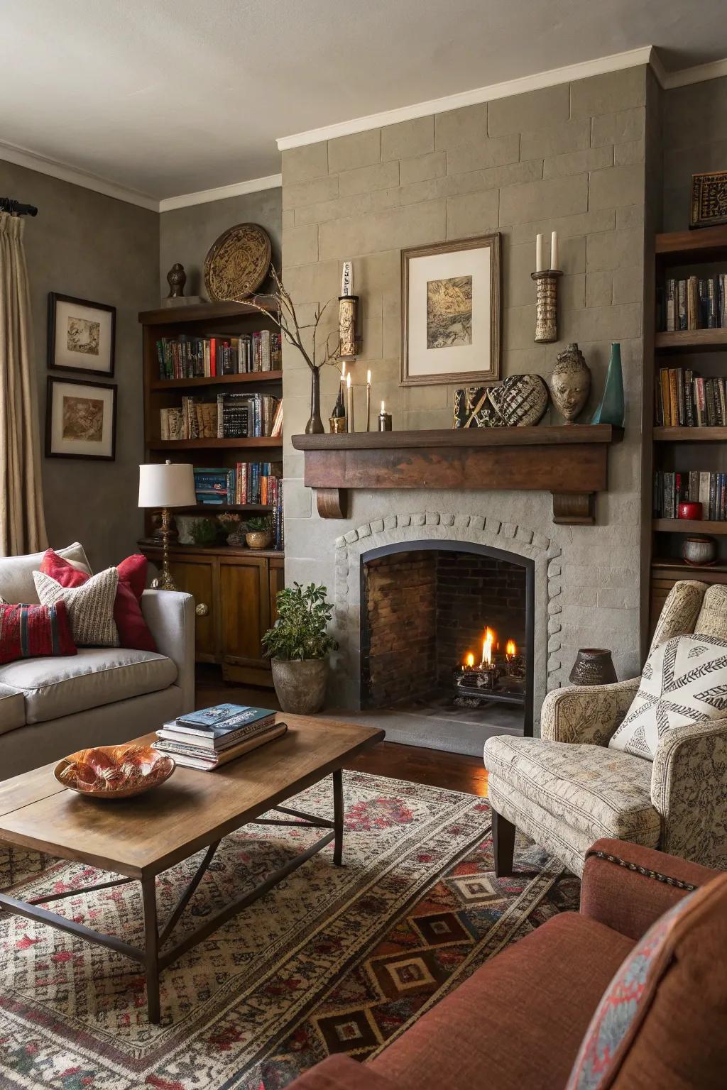 An eclectic fusion of décor introduces character and charm above the fireplace.