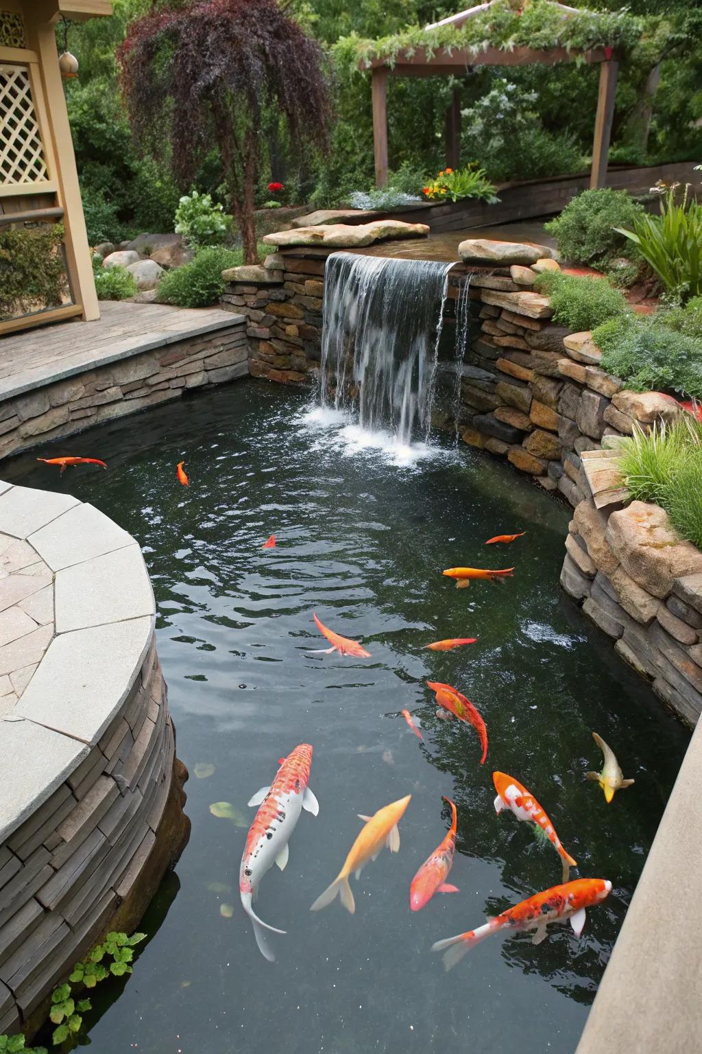 Koi bring life to this attractive above-ground pond.