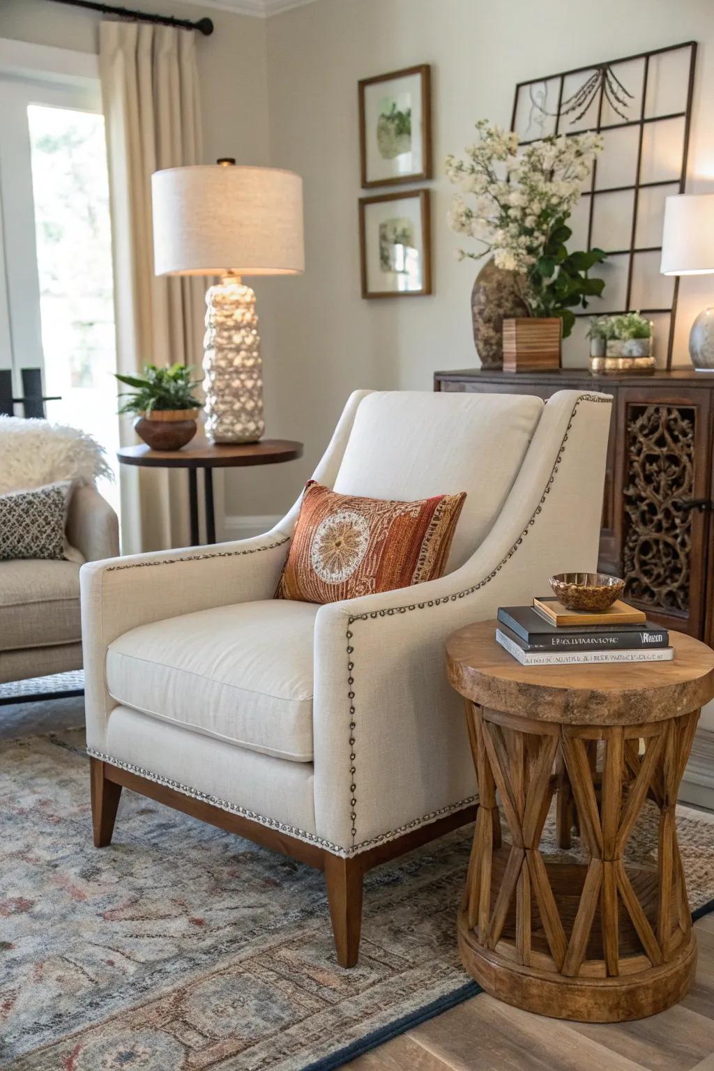 A modern chair paired with rustic decor develops an diverse appeal.