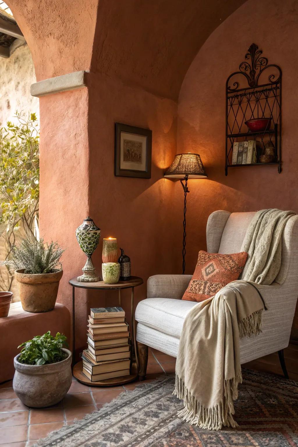 A cozy reading space featuring a warm earthy feature wall.