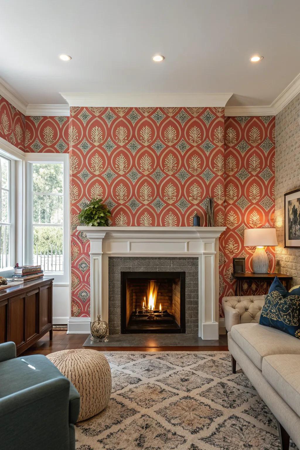 Bold wallpaper turns the fireplace wall into a focal point.