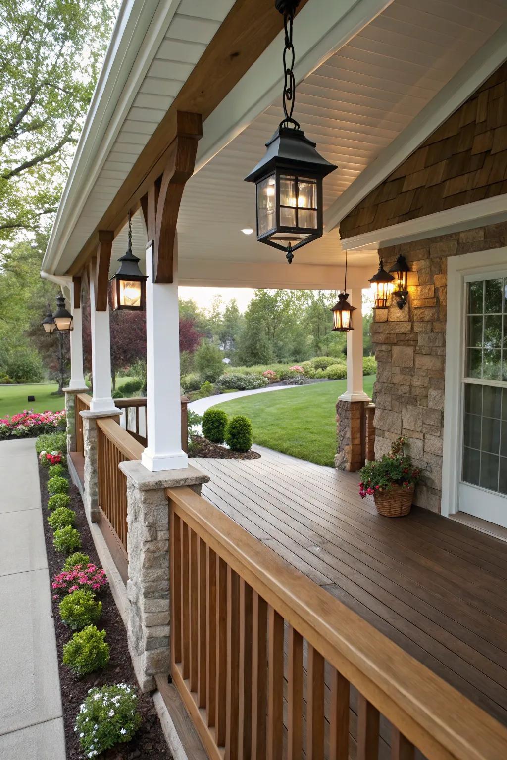 A sophisticated porch featuring a protective roof overhang.