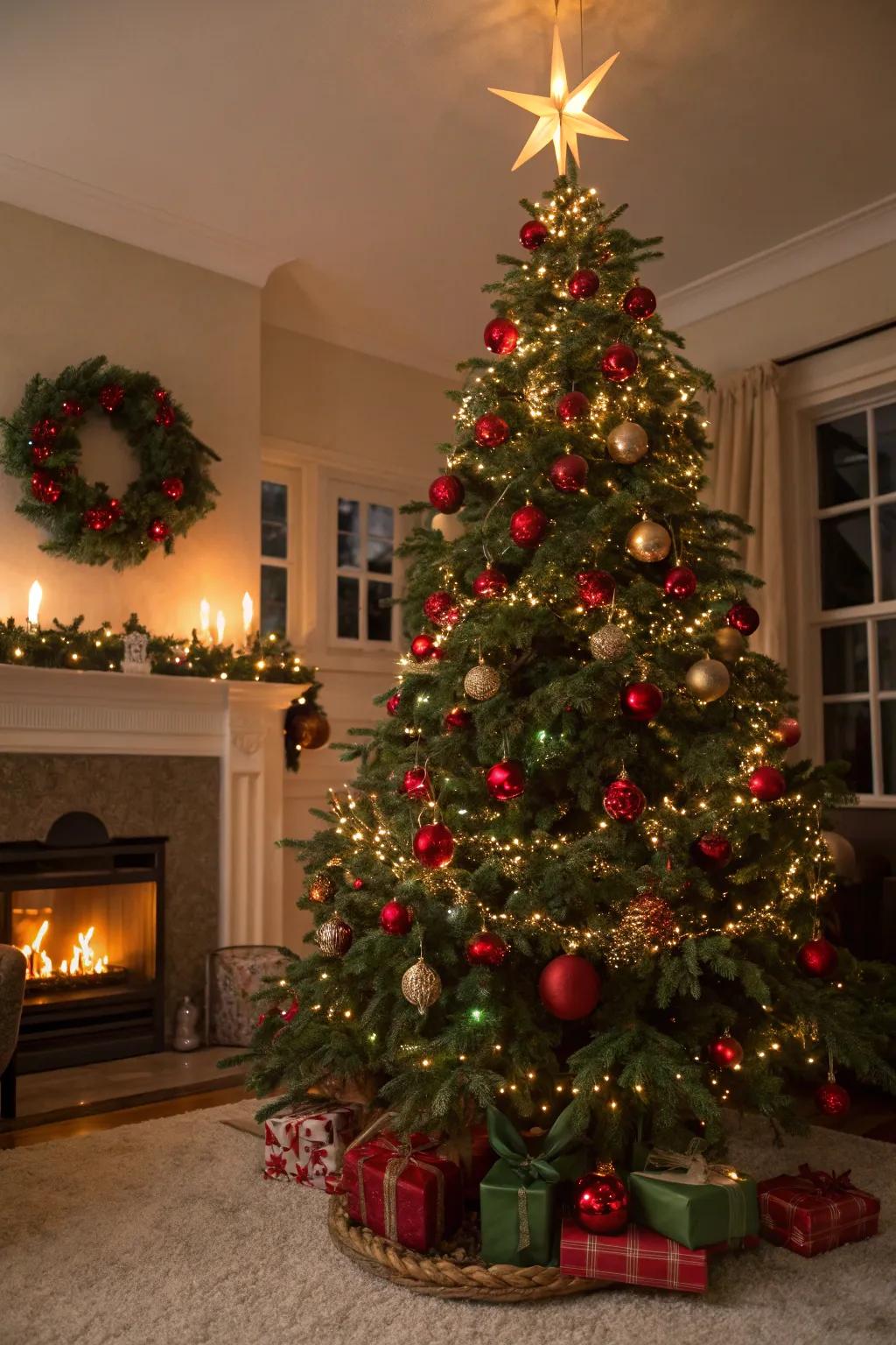 A traditional Christmas tree showcasing the traditional scarlet and verdant aesthetic.