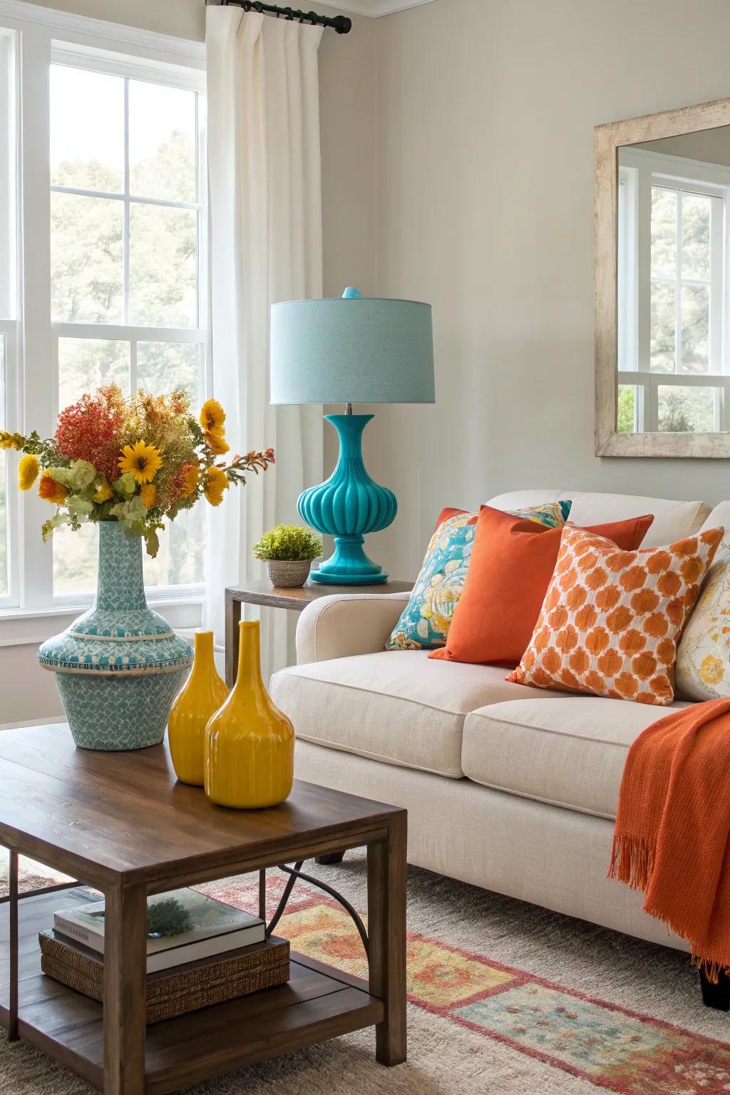 A vibrant living area featuring unexpected bursts of color.
